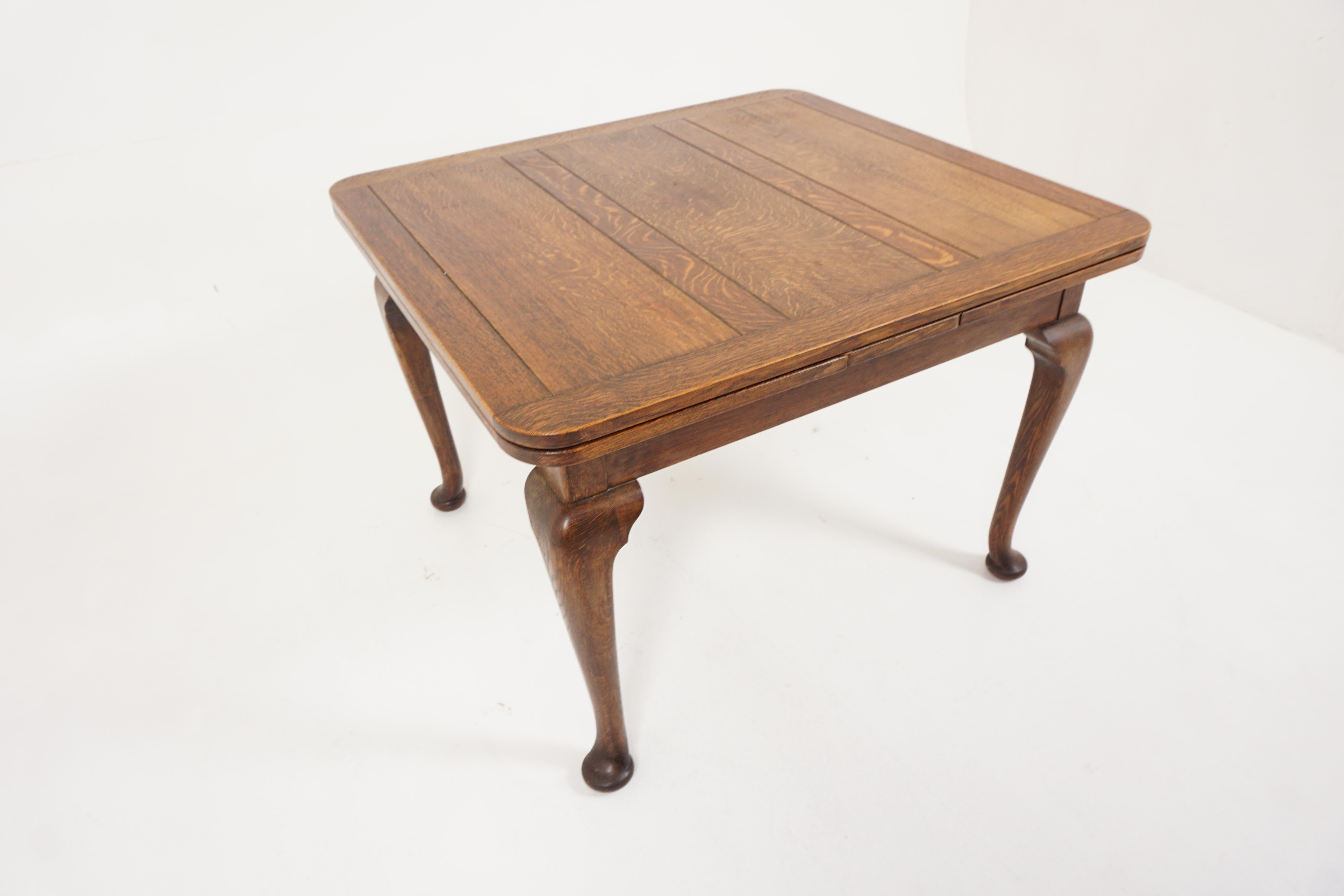 Vintage tiger oak draw leaf, pull out table, Queen Anne, Scotland 1930, B2574

Scotland 1930
Solid oak
Original finish
Rectangular paneled top with rounded ends
Pair of hidden leaves underneath that can pulled out to extend the table
All