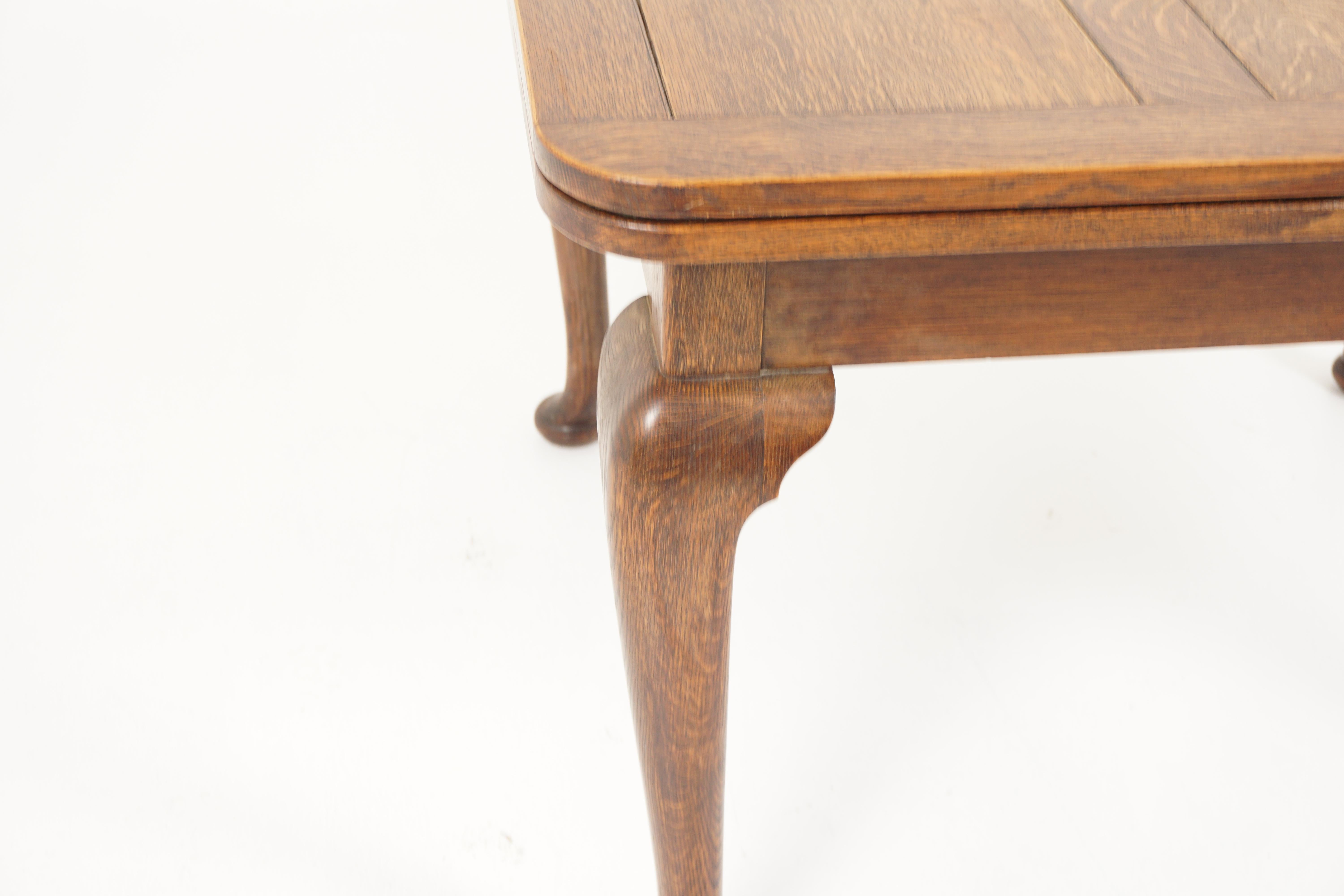 Scottish Vintage Tiger Oak Draw Loaf, Pull Out Table, Queen Anne, Scotland 1930, B2574