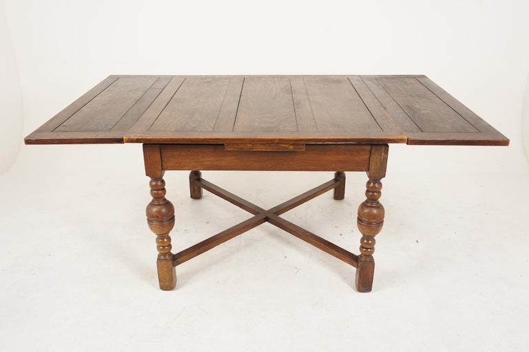 Vintage Tiger Oak Refectory, Draw Leaf, Pull Out Table, Scotland 1920