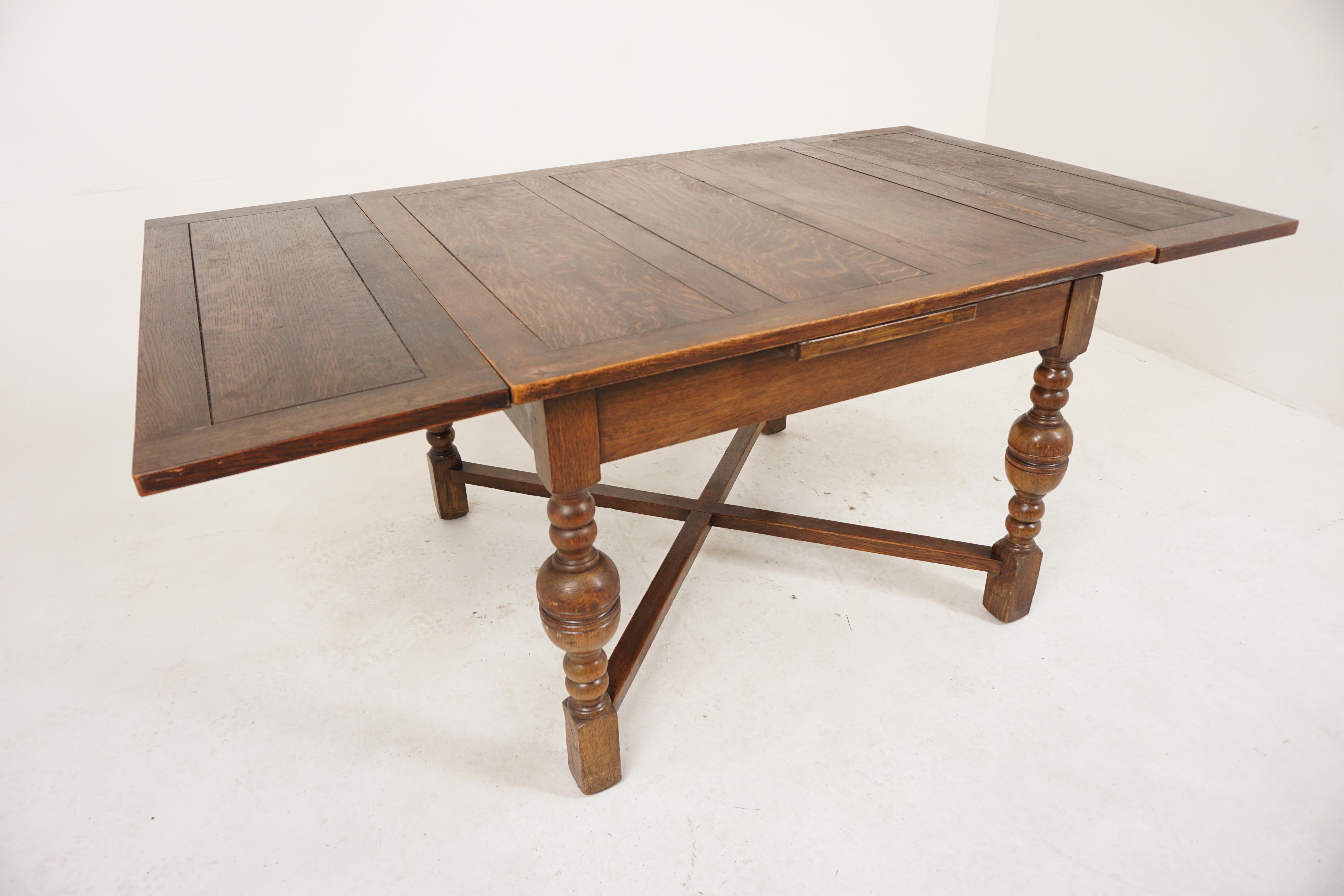 Vintage Tiger Oak Refectory, Draw Leaf, Pull Out Table, Scotland 1920, H899 For Sale 1