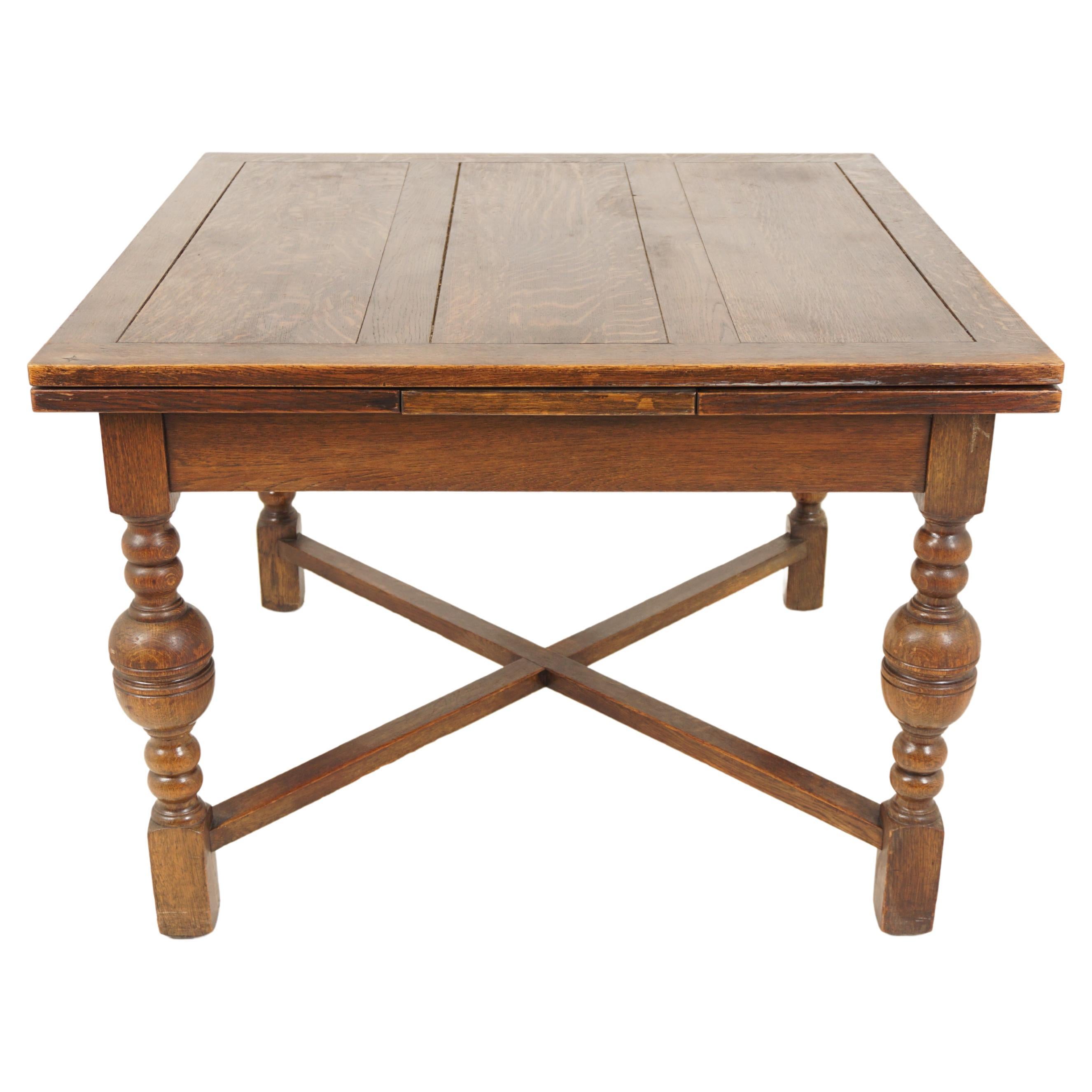 Vintage Tiger Oak Refectory, Draw Leaf, Pull Out Table, Scotland 1920, H899 For Sale