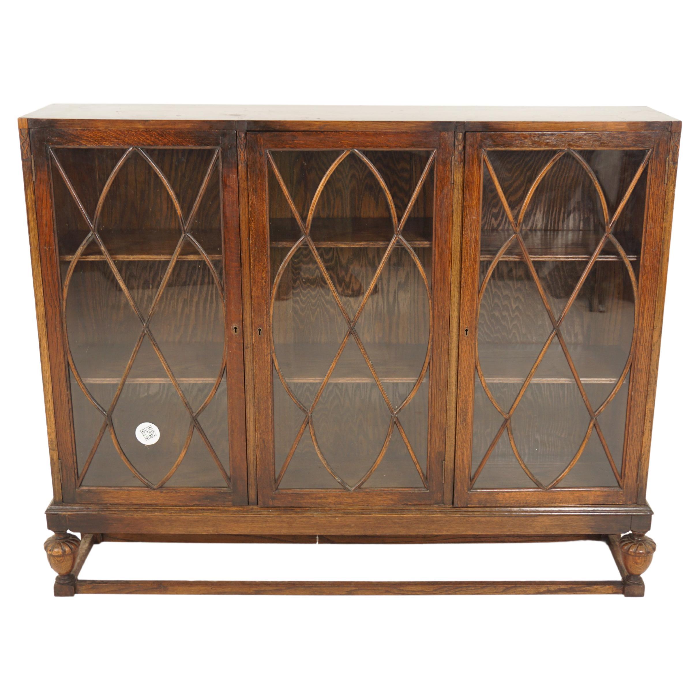 Vintage Tiger Oak Three Door Bookcase, Display Cabinet, Scotland 1930, H717