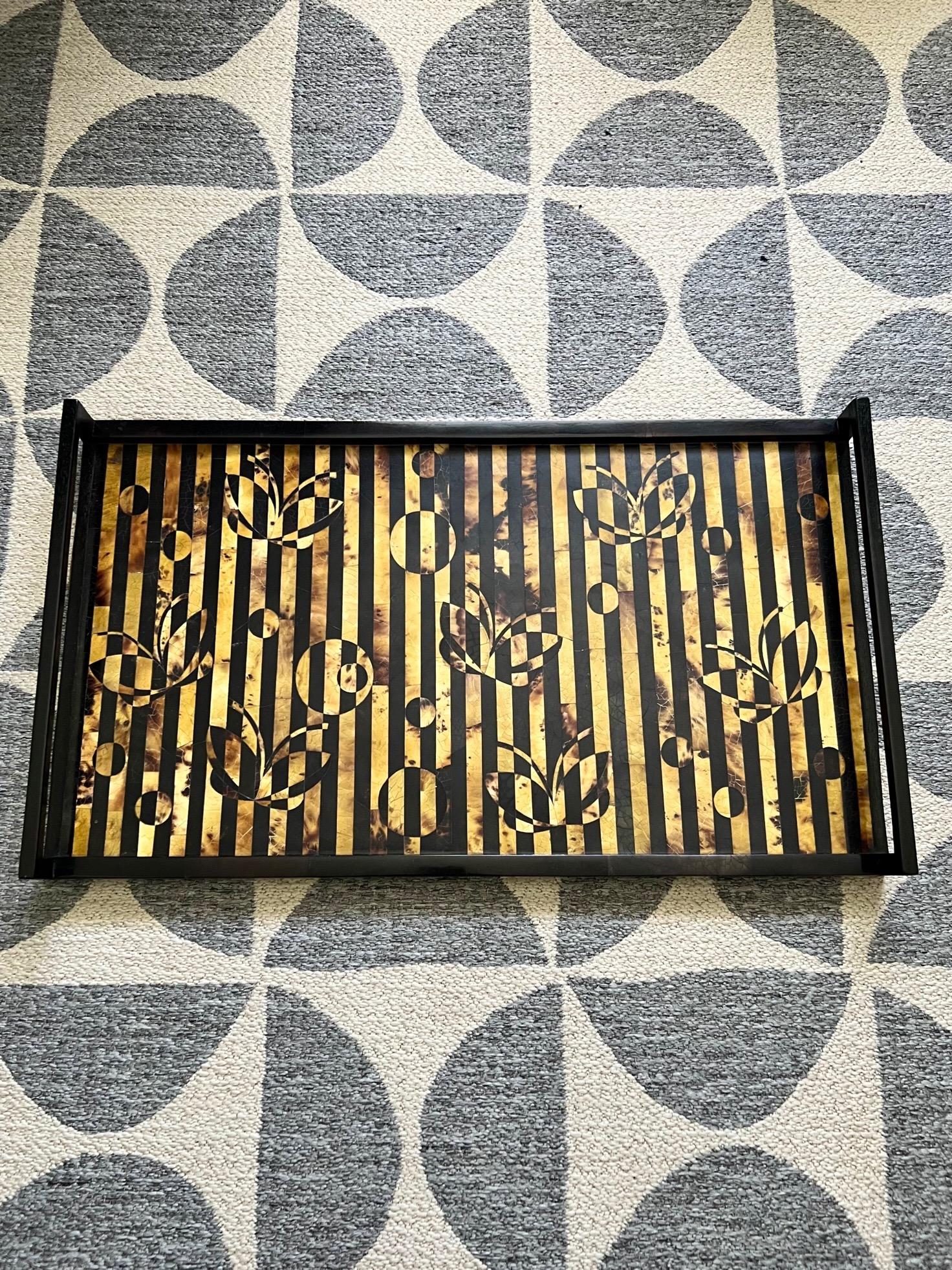 Vintage Tiger Pen Shell Serving Tray with Mosaic Stripes & Butterflies, c. 2000 For Sale 4