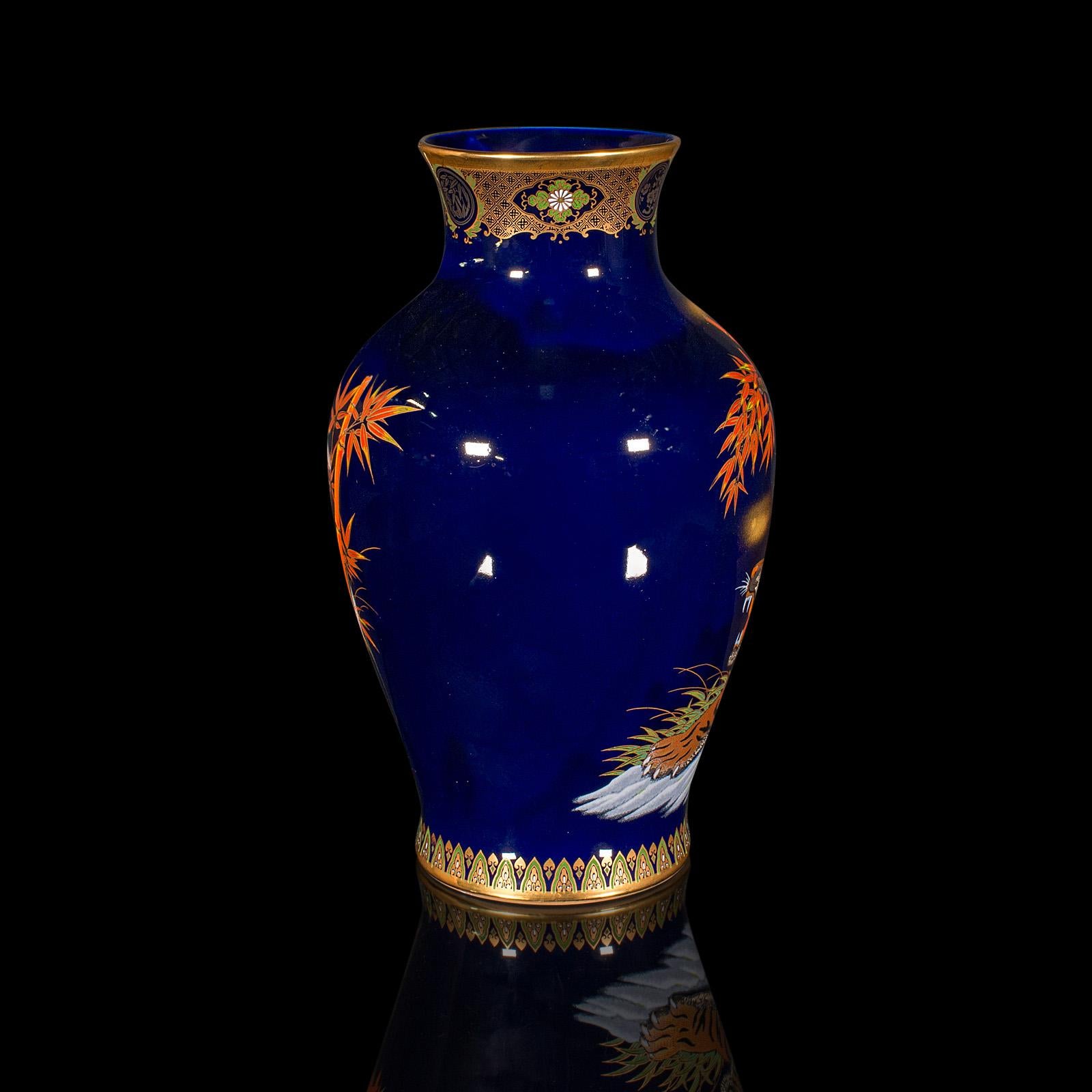 Mid-Century Modern Vintage Tiger Vase, Chinese, Blue Lacquer Ceramic Baluster Urn, Oriental, C.1980 For Sale