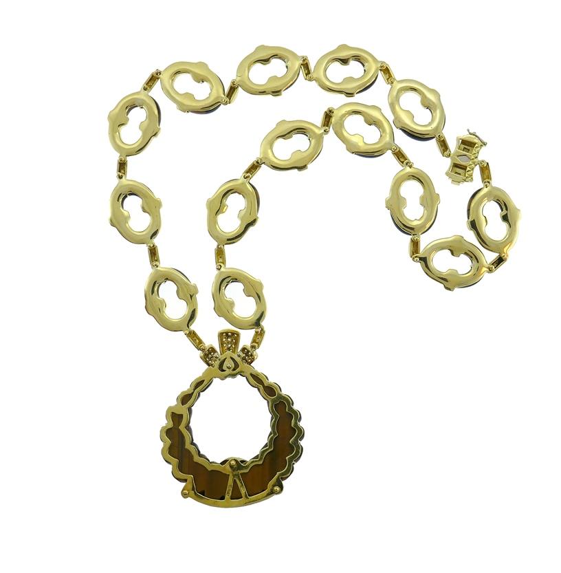Vintage Tiger's Eye 18k Gold Necklace Signed MOBA 3