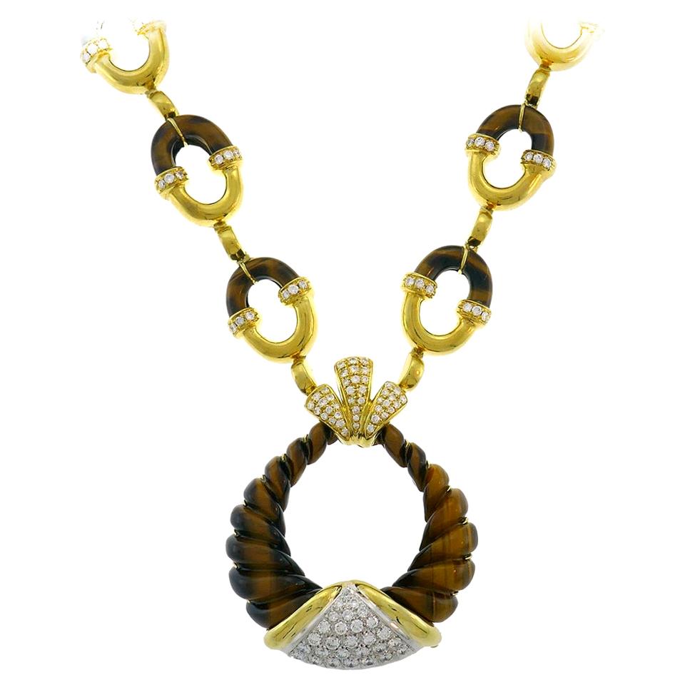 Vintage Tiger's Eye 18k Gold Necklace Signed MOBA