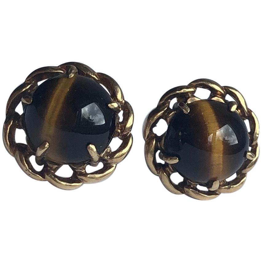 Vintage Tigers Eye and 9 Carat Gold Stud Earrings For Sale