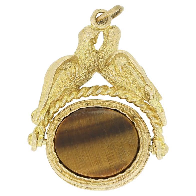Vintage Tigers Eye and Onyx Fob Pendant For Sale