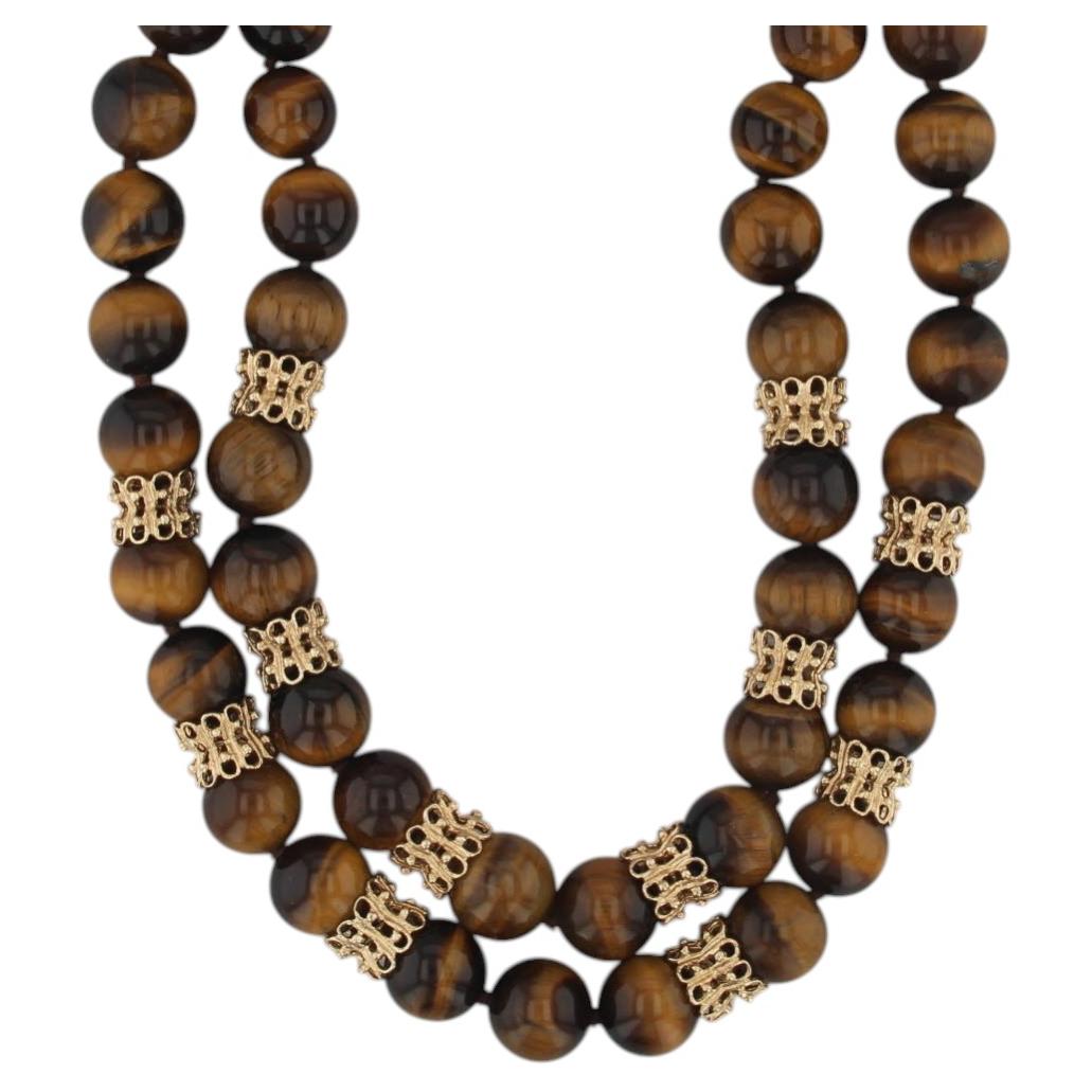 Collar vintage de dos vueltas con cuentas de ojo de tigre, de oro de 14k, llamativo, 18" en venta