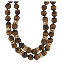 Vintage Tiger's Eye Double Strand Bead Necklace 14k Gold Statement 18"