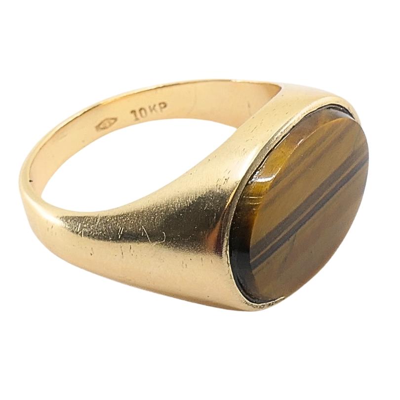 da uomo o donna Anello ovale con occhio di tigre vintage in oro 10k in vendita