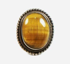 Vintage Tiger's Eye Quartz & Silver Plated Fashion Ring - Size 5 - Circa 1970's