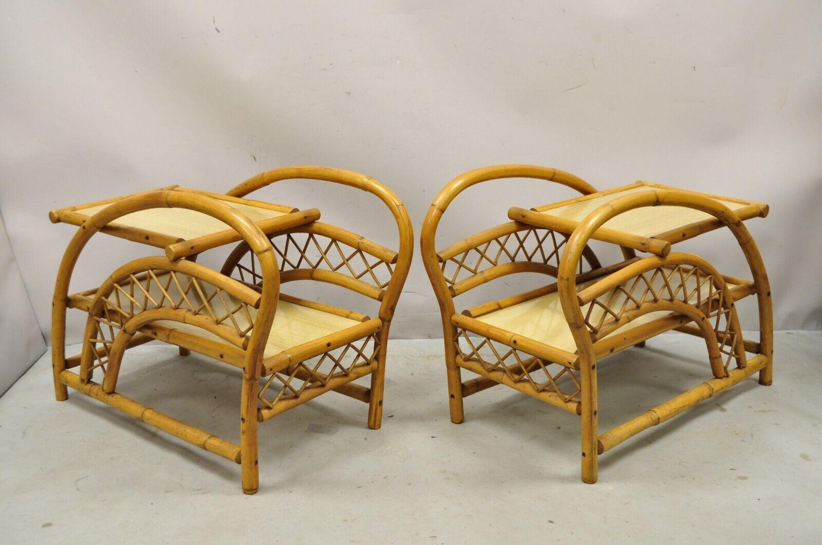 Mid-Century Modern Vintage Tiki Rattan Bentwood Bamboo 2 Tier Sculptural End Tables - a Pair For Sale
