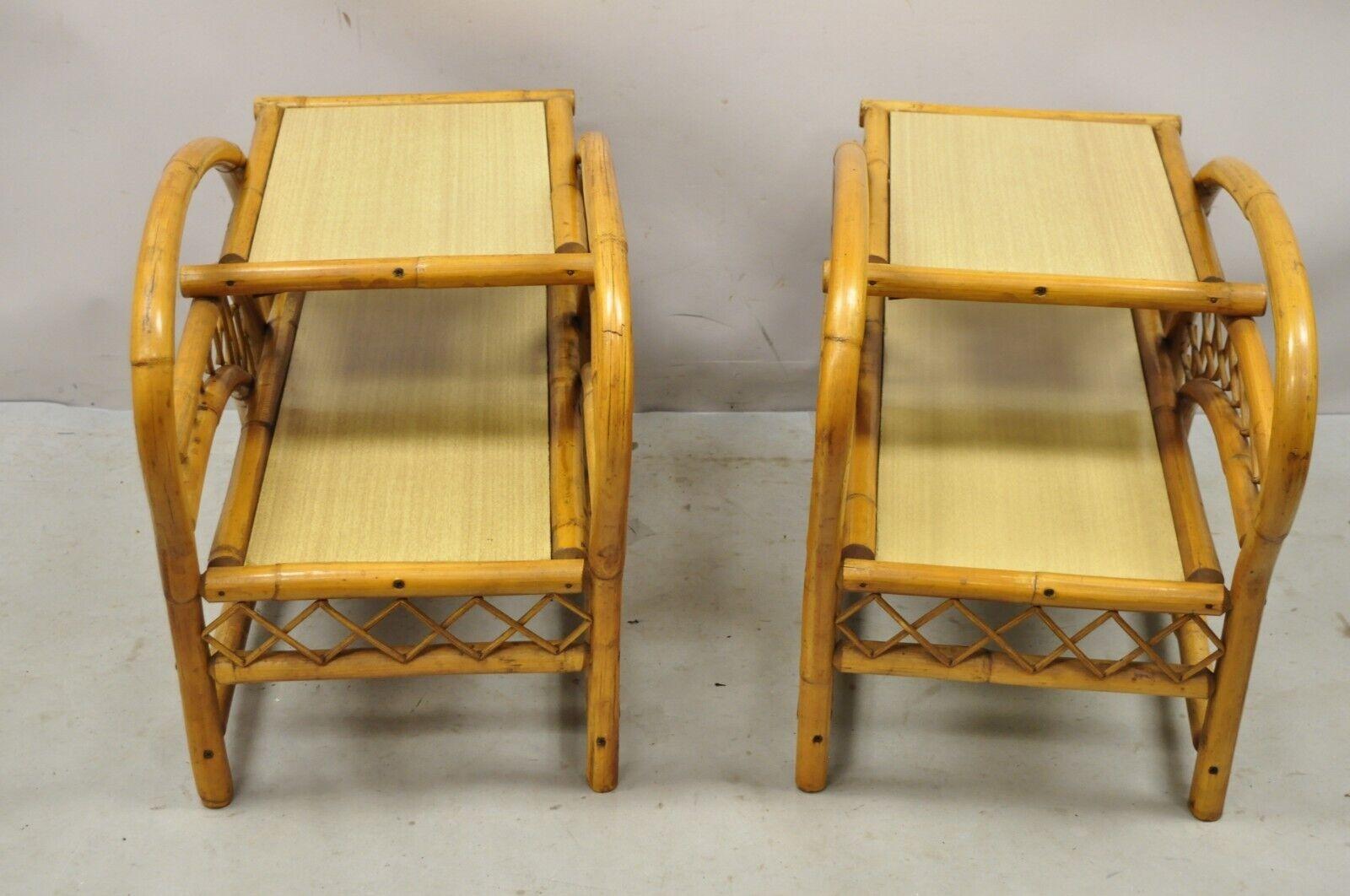 Vintage Tiki Rattan Bentwood Bamboo 2 Tier Sculptural End Tables - a Pair In Good Condition For Sale In Philadelphia, PA