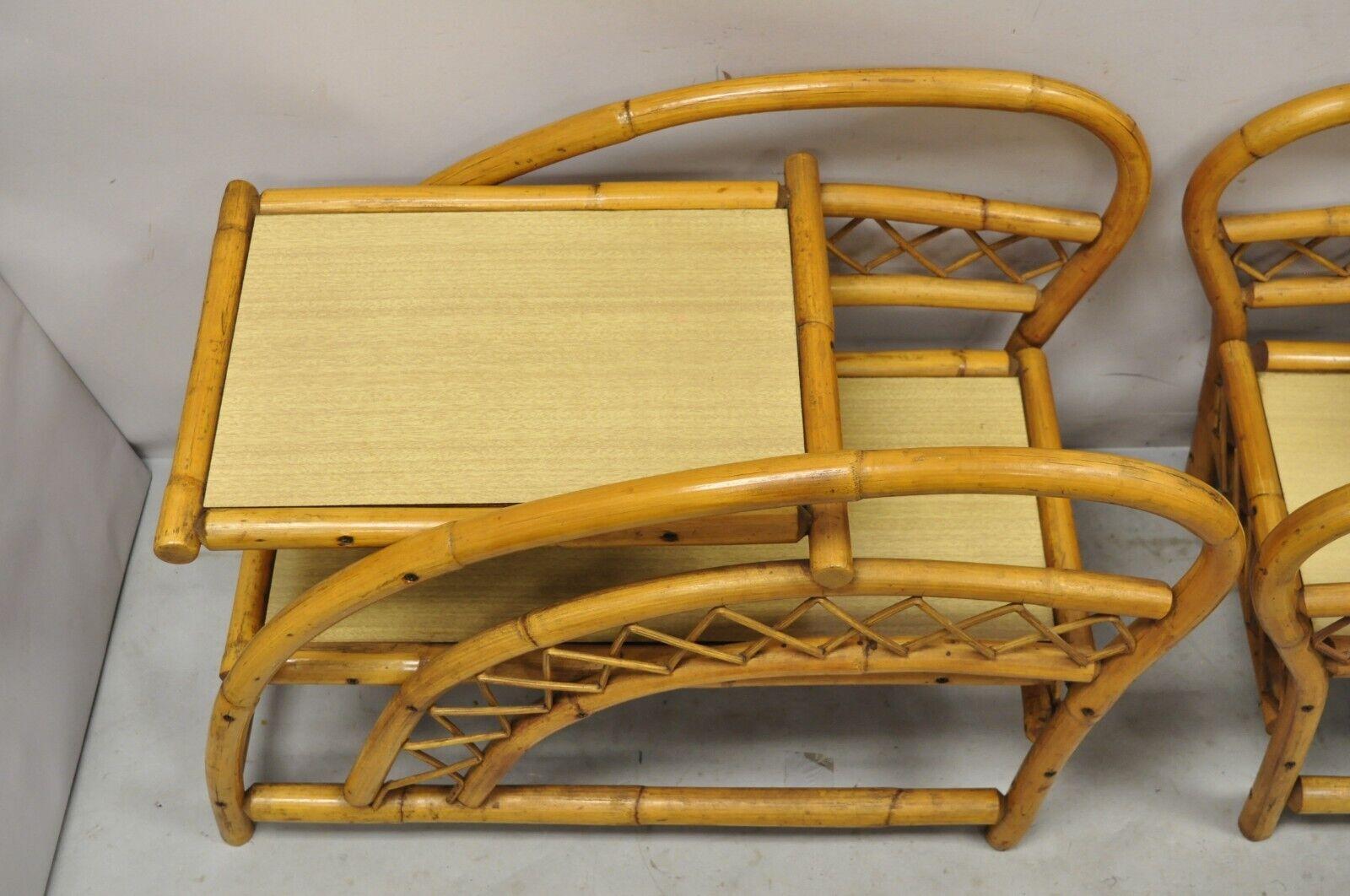 20th Century Vintage Tiki Rattan Bentwood Bamboo 2 Tier Sculptural End Tables, a Pair