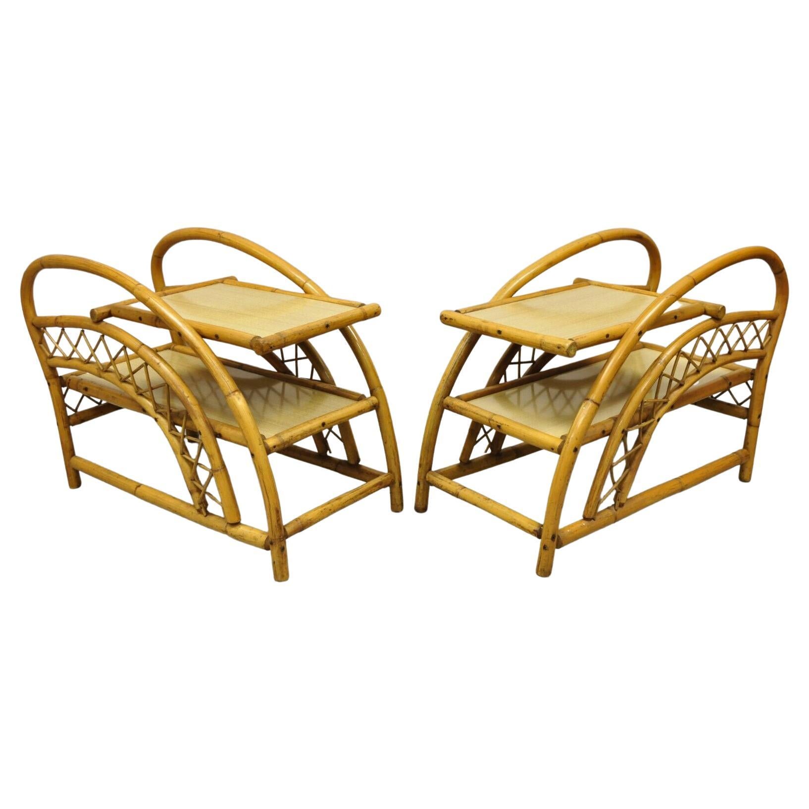 Vintage Tiki Rattan Bentwood Bamboo 2 Tier Sculptural End Tables, a Pair