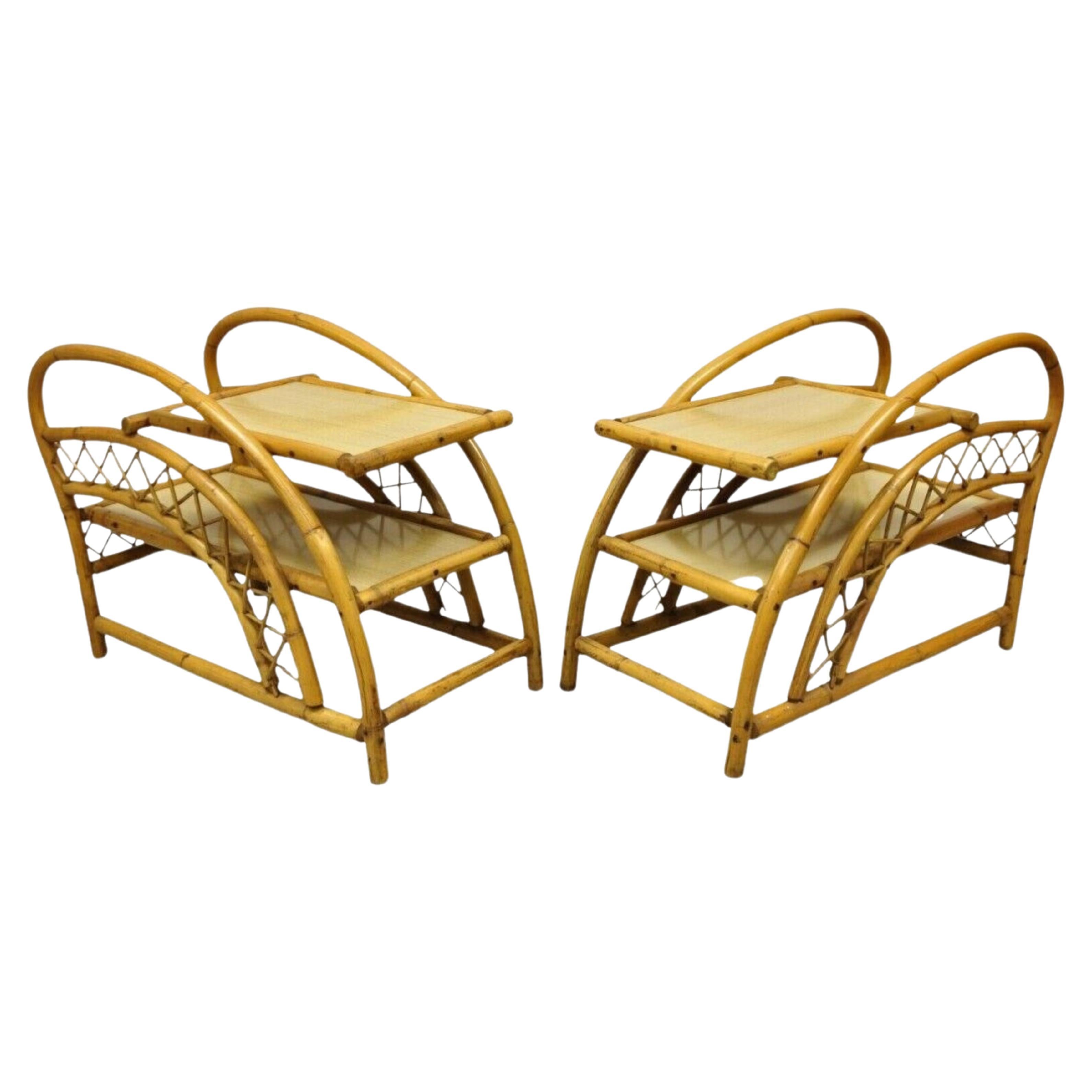 Vintage Tiki Rattan Bentwood Bamboo 2 Tier Sculptural End Tables - a Pair For Sale