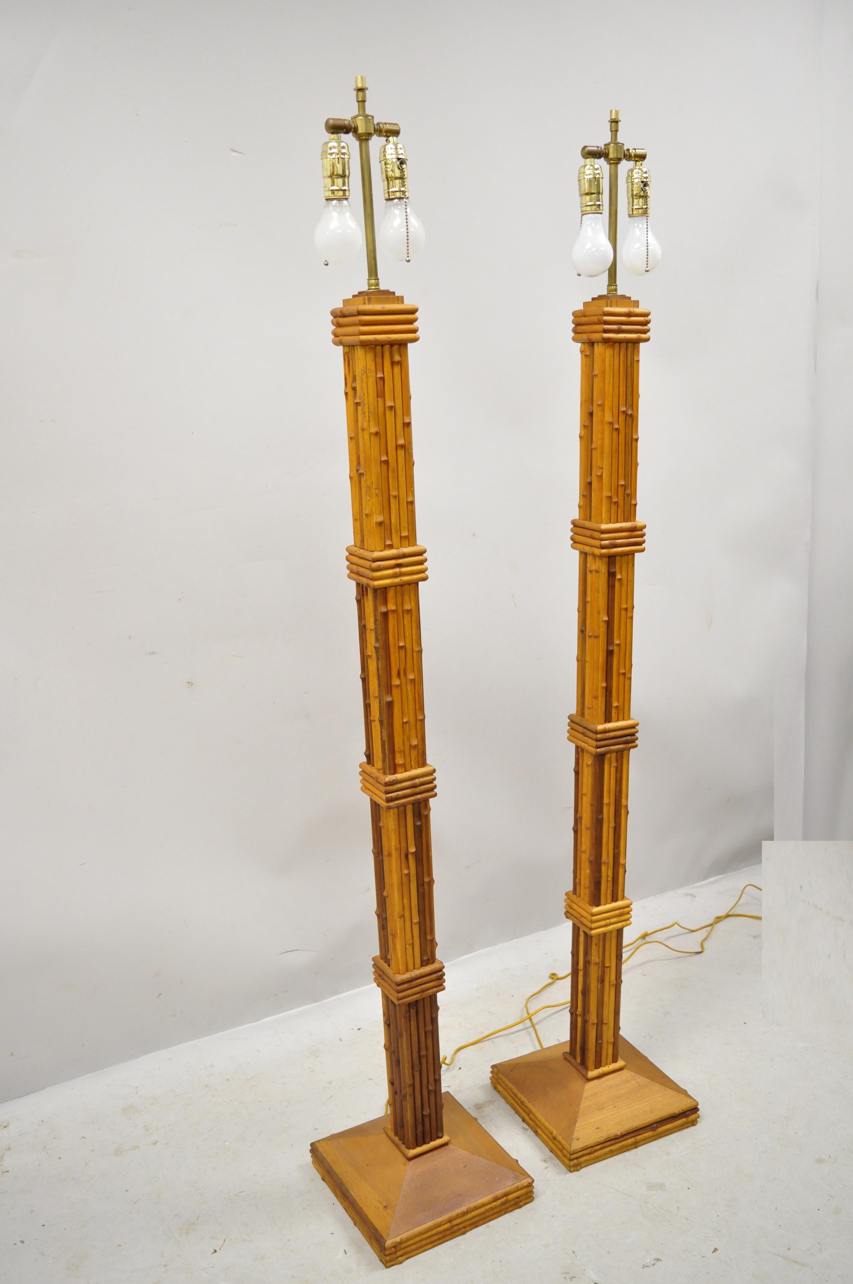 Vintage Tiki Rattan Hollywood Regency Wood Faux Bamboo Floor Lamps, a Pair 3