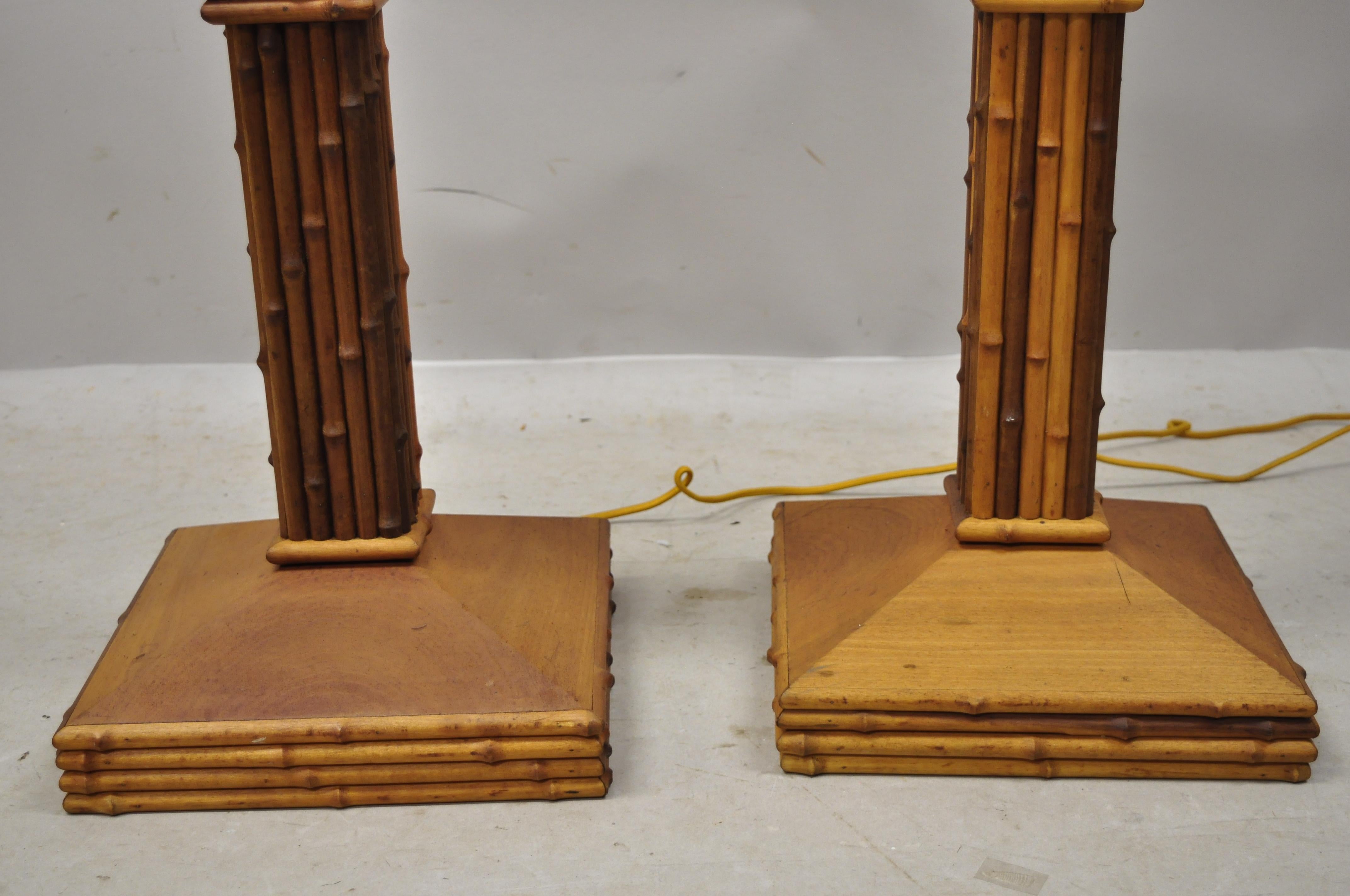 20th Century Vintage Tiki Rattan Hollywood Regency Wood Faux Bamboo Floor Lamps, a Pair