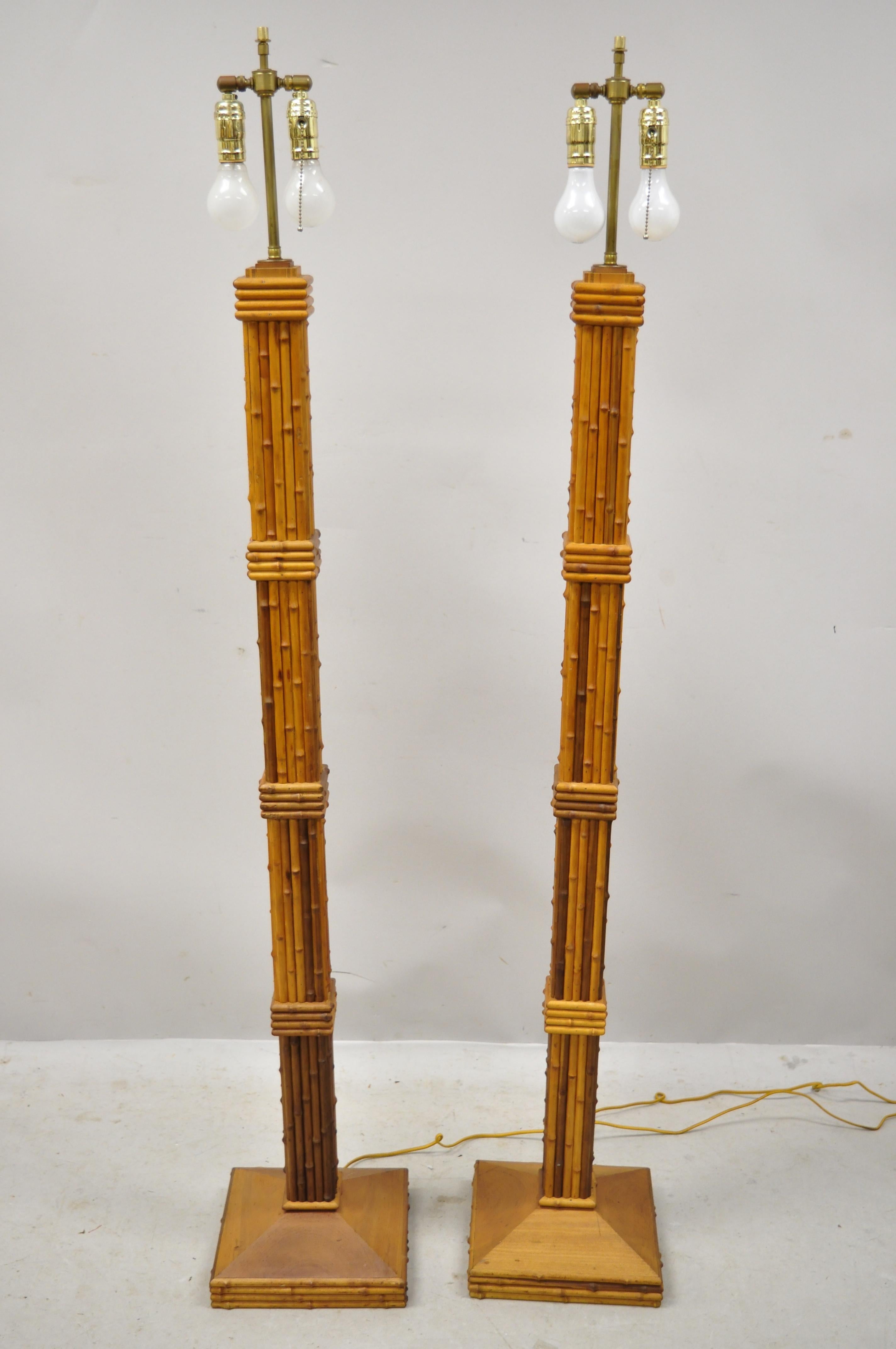 Brass Vintage Tiki Rattan Hollywood Regency Wood Faux Bamboo Floor Lamps, a Pair