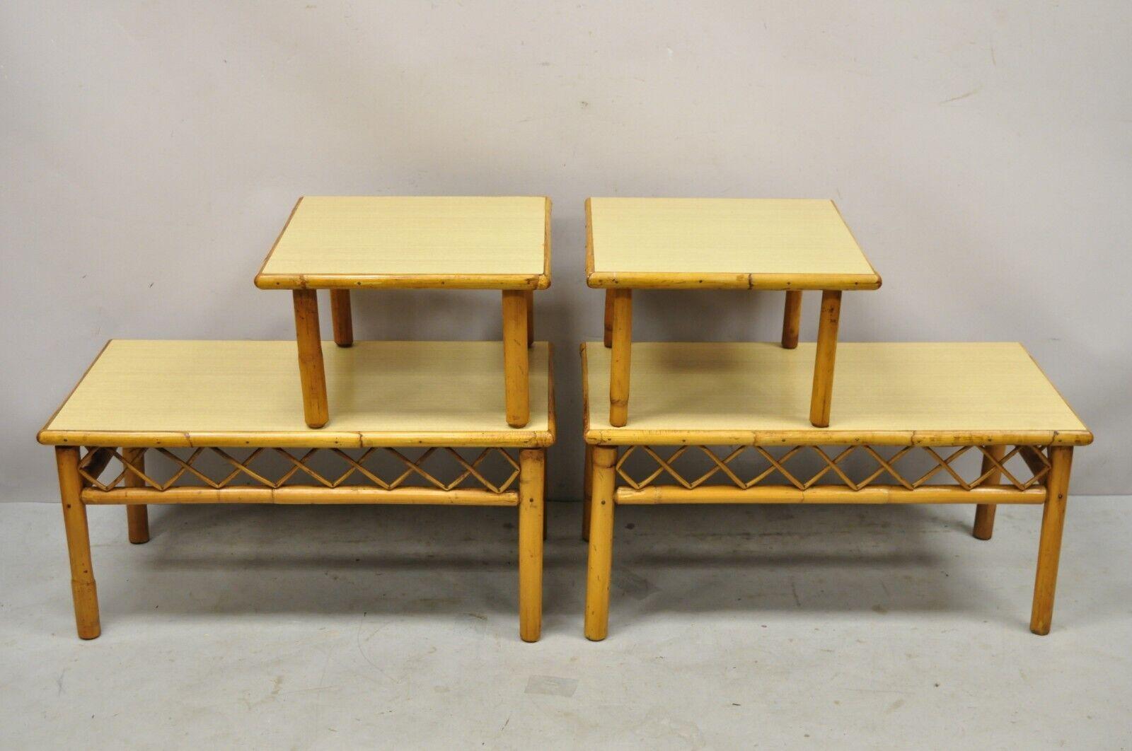 Vintage Tiki Rattan Midcentury Bamboo Step Up End Tables, a Pair For Sale 3
