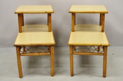 Vintage Tiki Rattan Midcentury Bamboo Step Up End Tables, a Pair