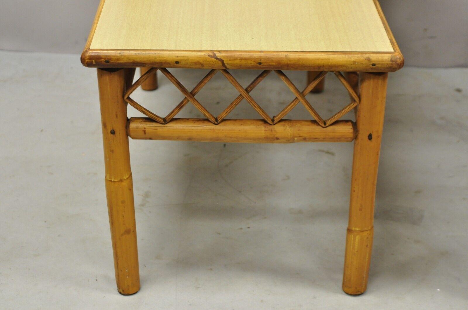 Mid-Century Modern Vintage Tiki Rattan Midcentury Bamboo Step Up End Tables, a Pair For Sale