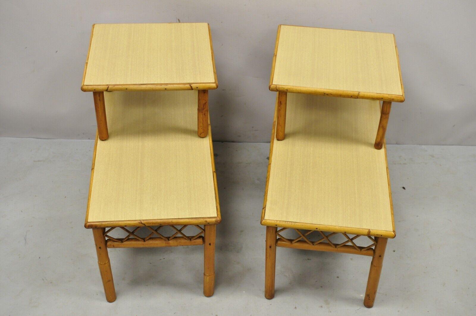 Laminated Vintage Tiki Rattan Midcentury Bamboo Step Up End Tables, a Pair For Sale