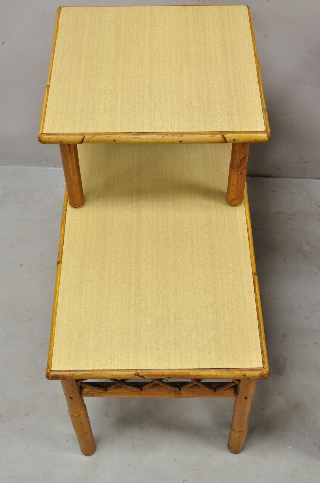 Vintage Tiki Rattan Midcentury Bamboo Step Up End Tables, a Pair For Sale 1