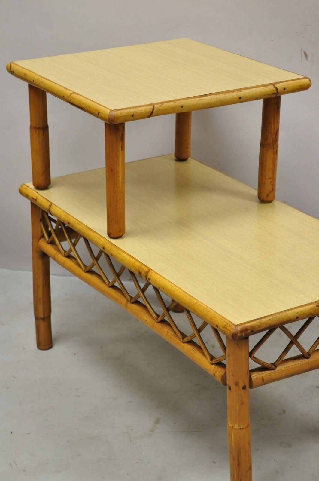 Vintage Tiki Rattan Midcentury Bamboo Step Up End Tables, a Pair For Sale 2