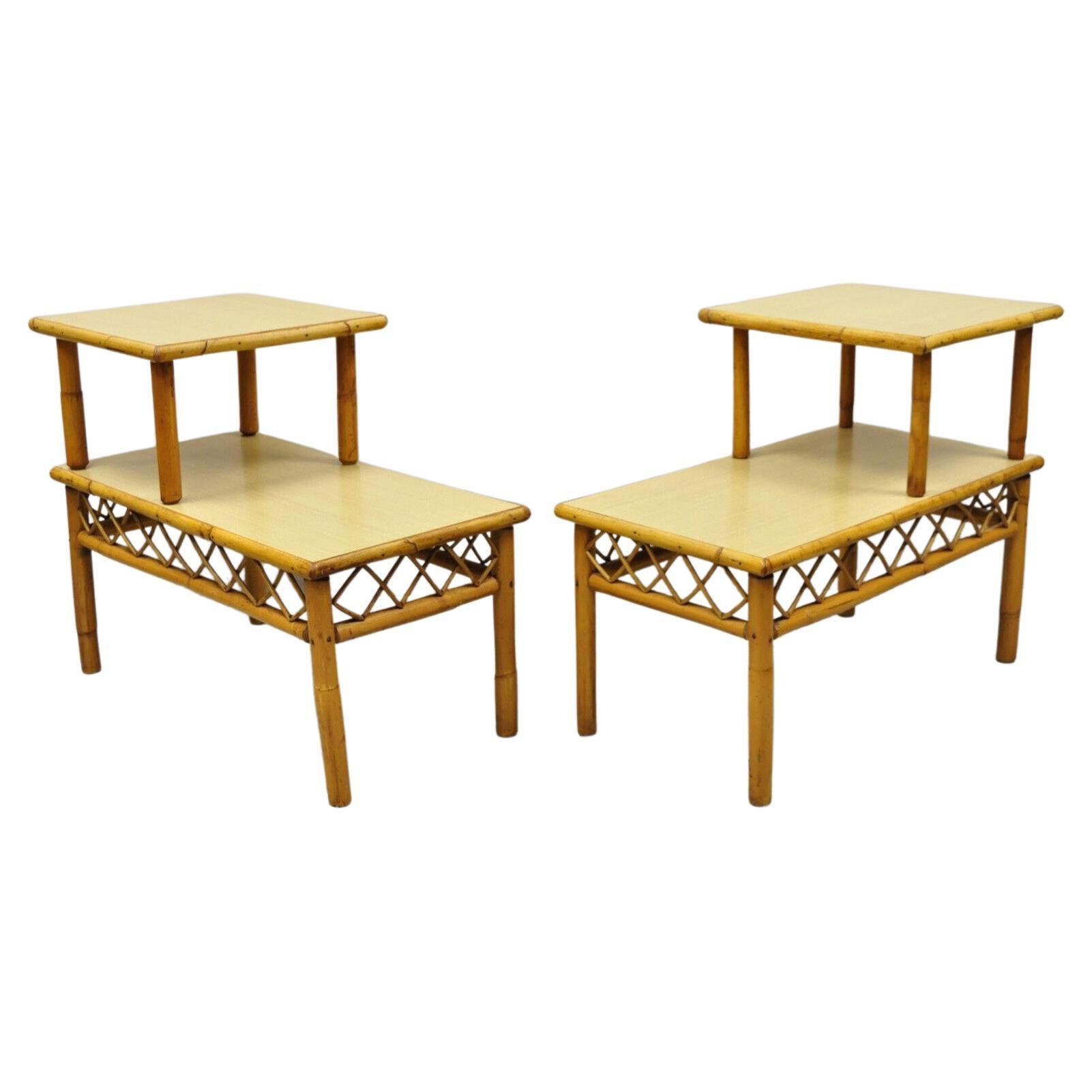Vintage Tiki Rattan Midcentury Bamboo Step Up End Tables, a Pair