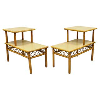 Mid Century Modern Walnut and Laminate Top 2 Tier Step Up End Tables ...