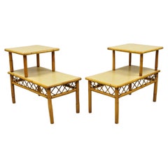 Vintage Tiki Rattan Midcentury Bamboo Step Up End Tables, a Pair
