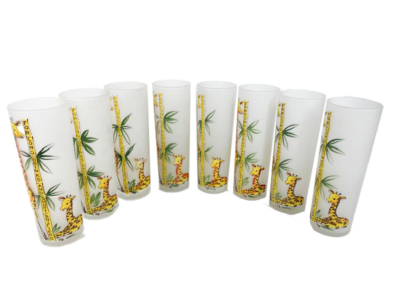 Eight vintage Tiki / Zombie cocktail glasses hand painted by Gay Fad with an adult giraffe and a young giraffe on either side of a stalk of bamboo inscribed 