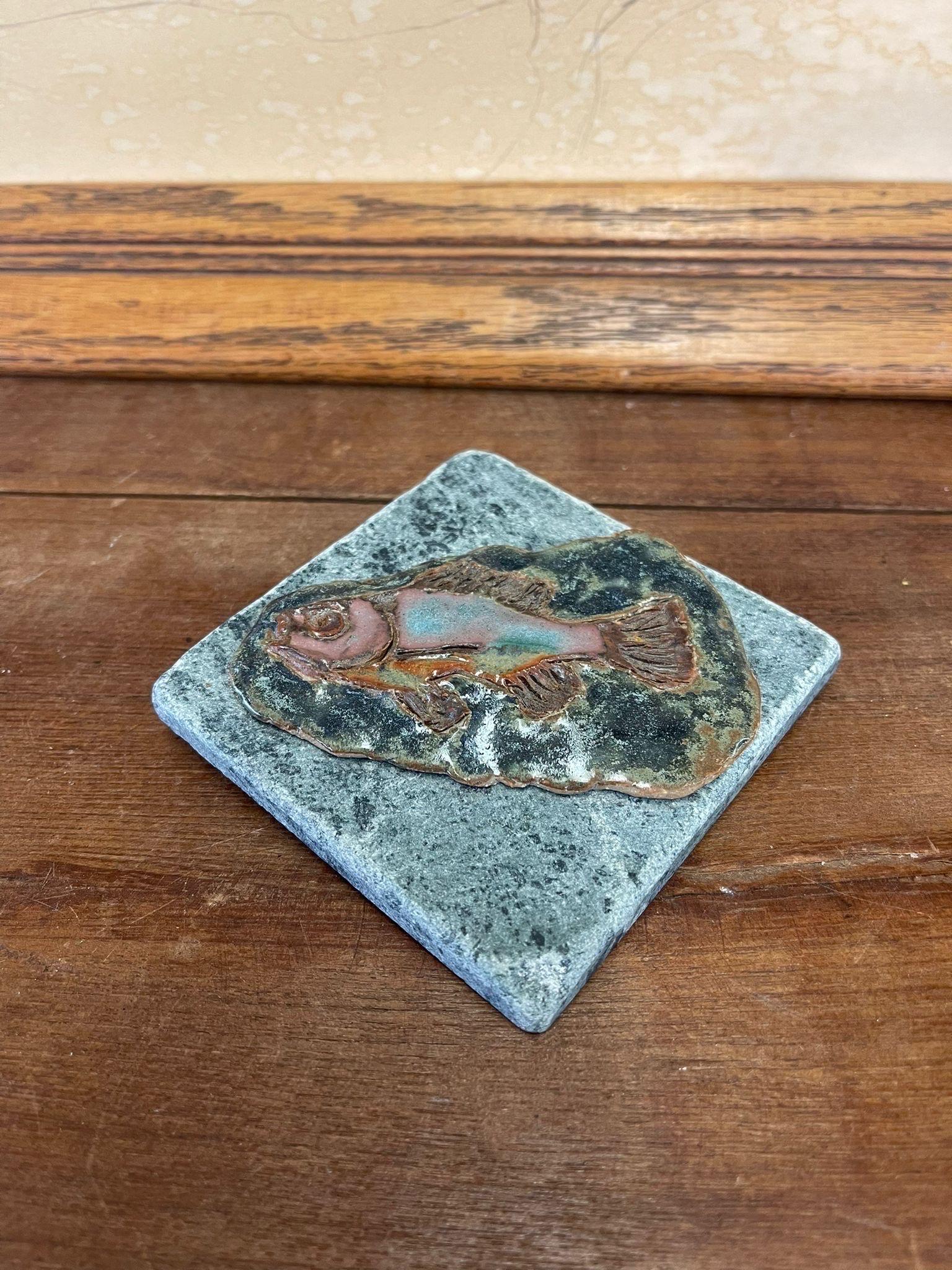 Mid-Century Modern Vintage Tile Decorative Wall Art With Fish Motif. For Sale