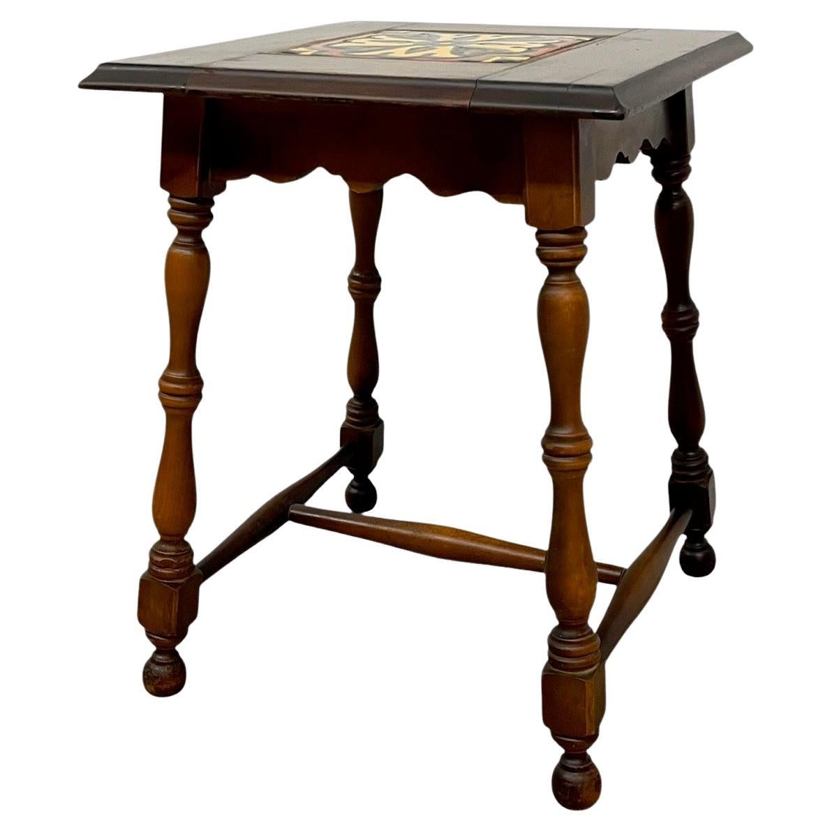 Vintage Tile Top Side Table with Turned legs and Wood Frame
