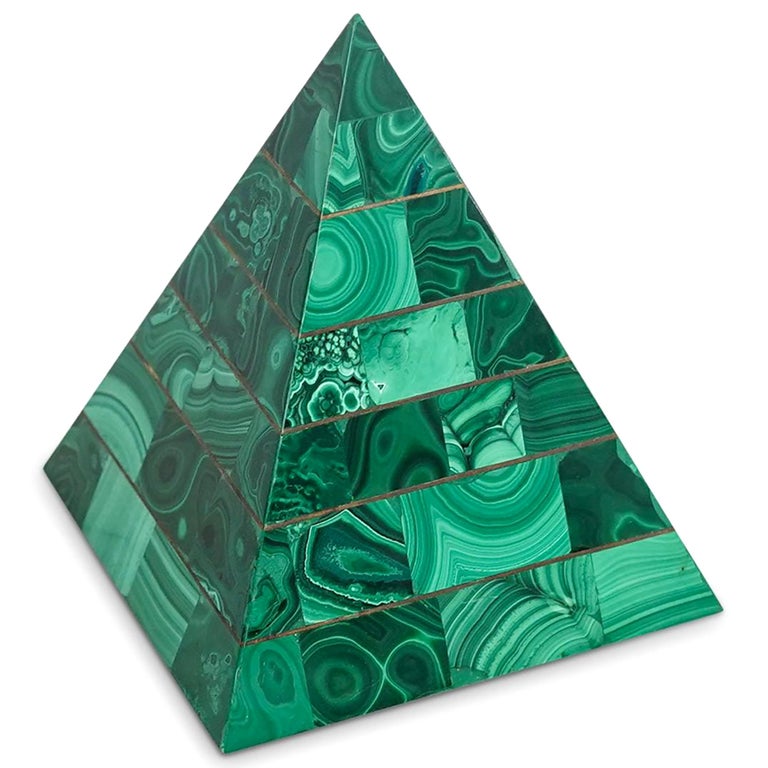 Striking green malachite paneled veneer pyramid with graduating brass inlay separation. Pyramid measures 6.5