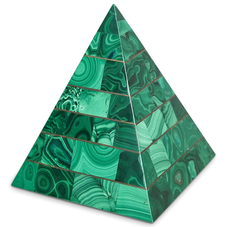 Mid-Century Modern Vintage Tiled Malachite and Brass Pyramid Obelisk Sculpture For Sale