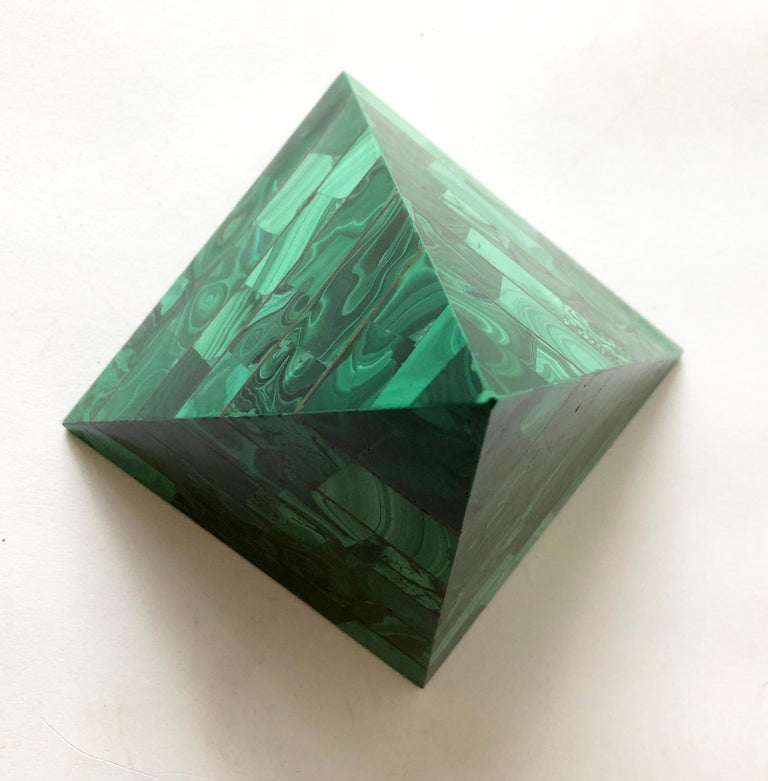Unknown Vintage Tiled Malachite and Brass Pyramid Obelisk Sculpture For Sale