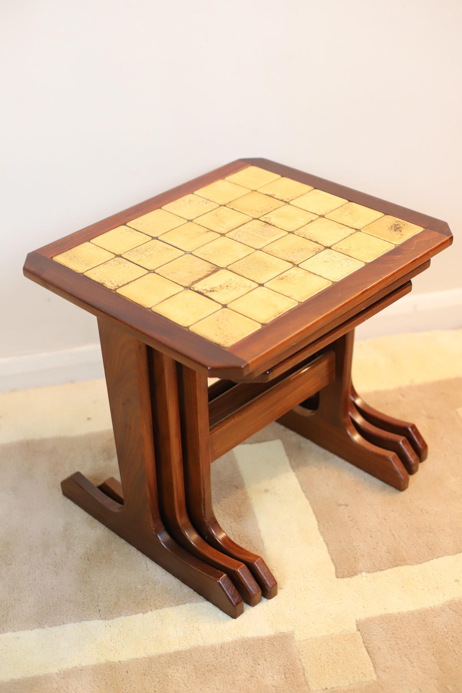 Wood Vintage Tiled Nest of 3 Tables in Teak For Sale