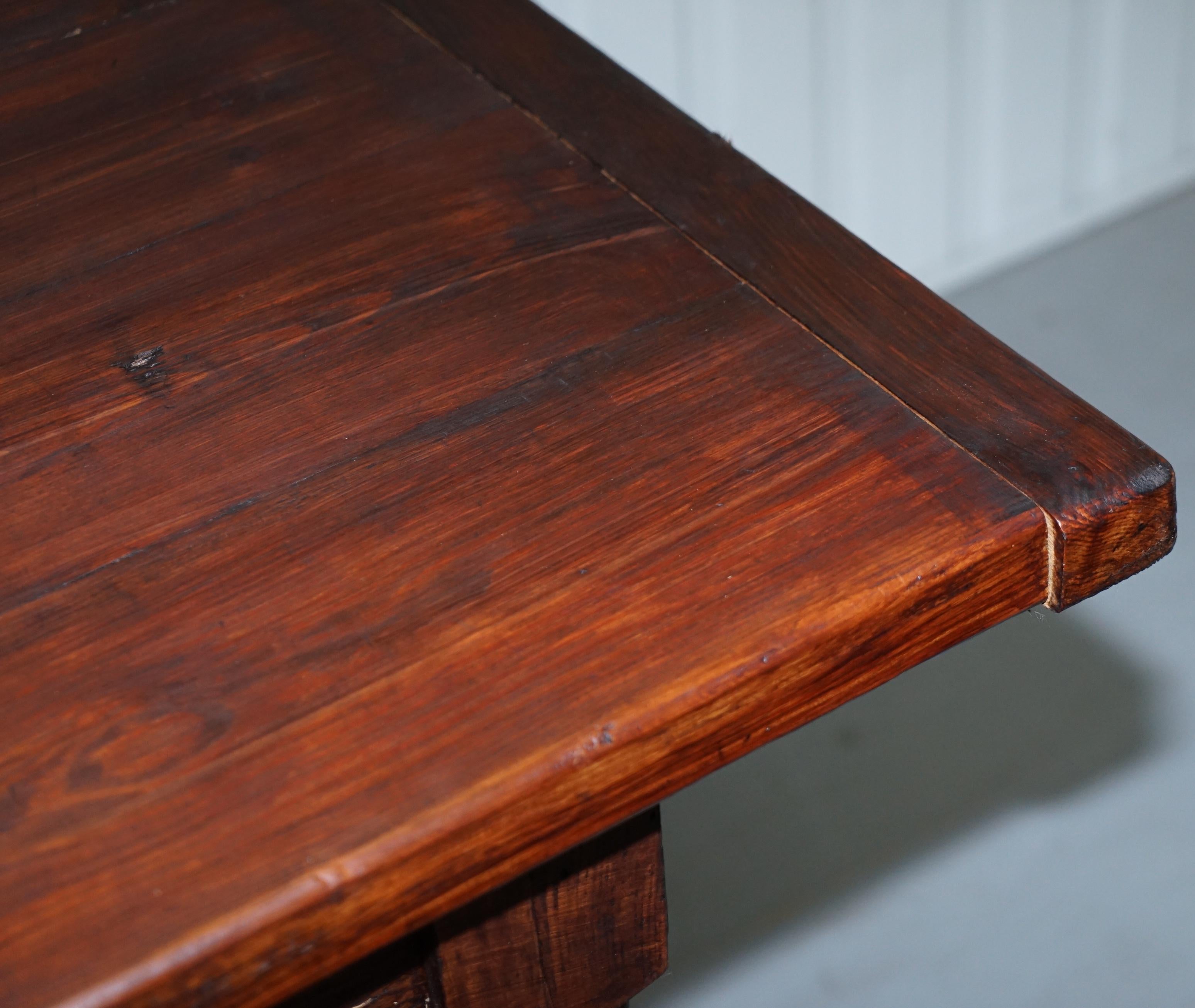 Vintage Timber Planked Top English Farmhouse Refectory Dining Table Seats 8-10 2