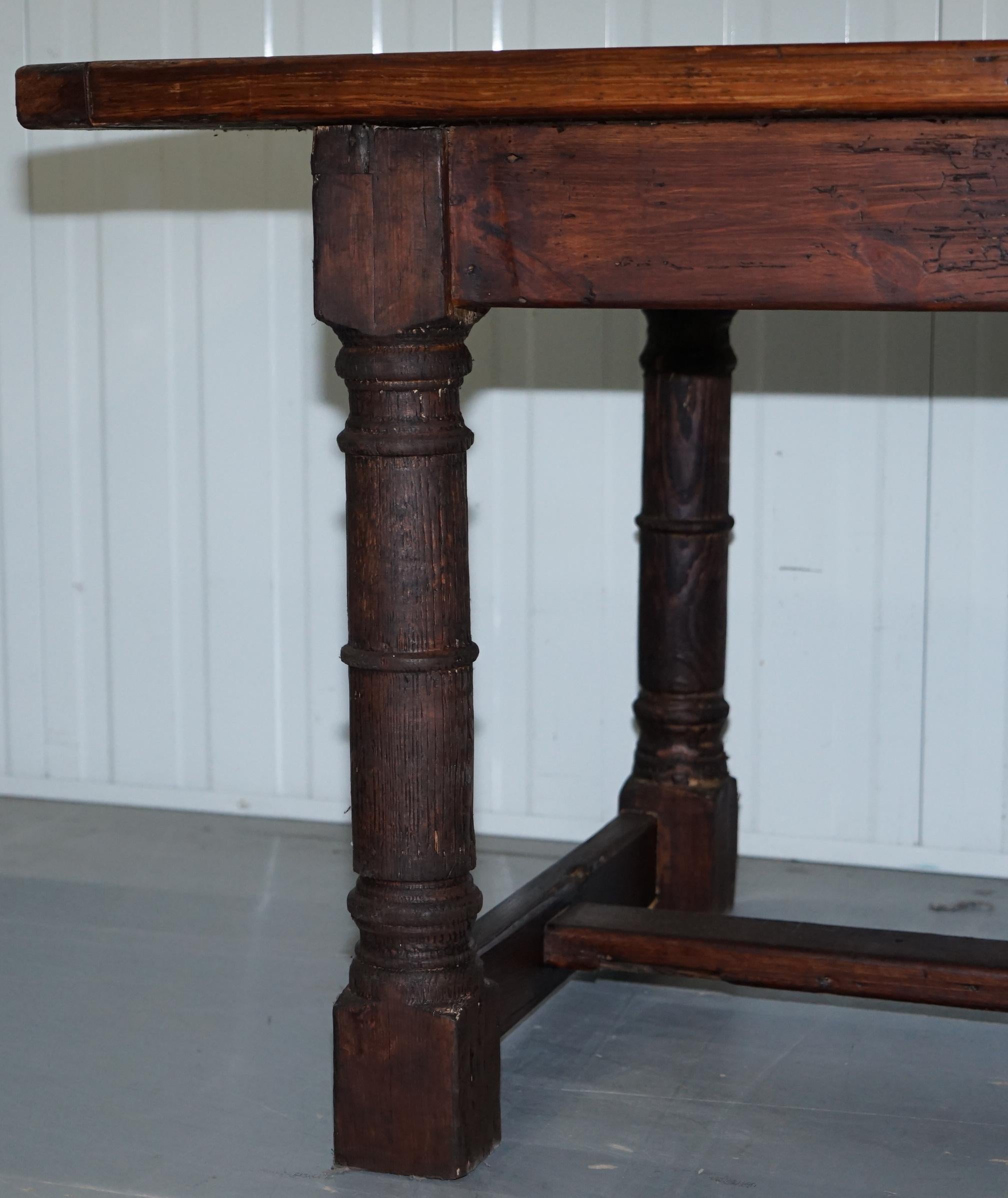 Vintage Timber Planked Top English Farmhouse Refectory Dining Table Seats 8-10 4
