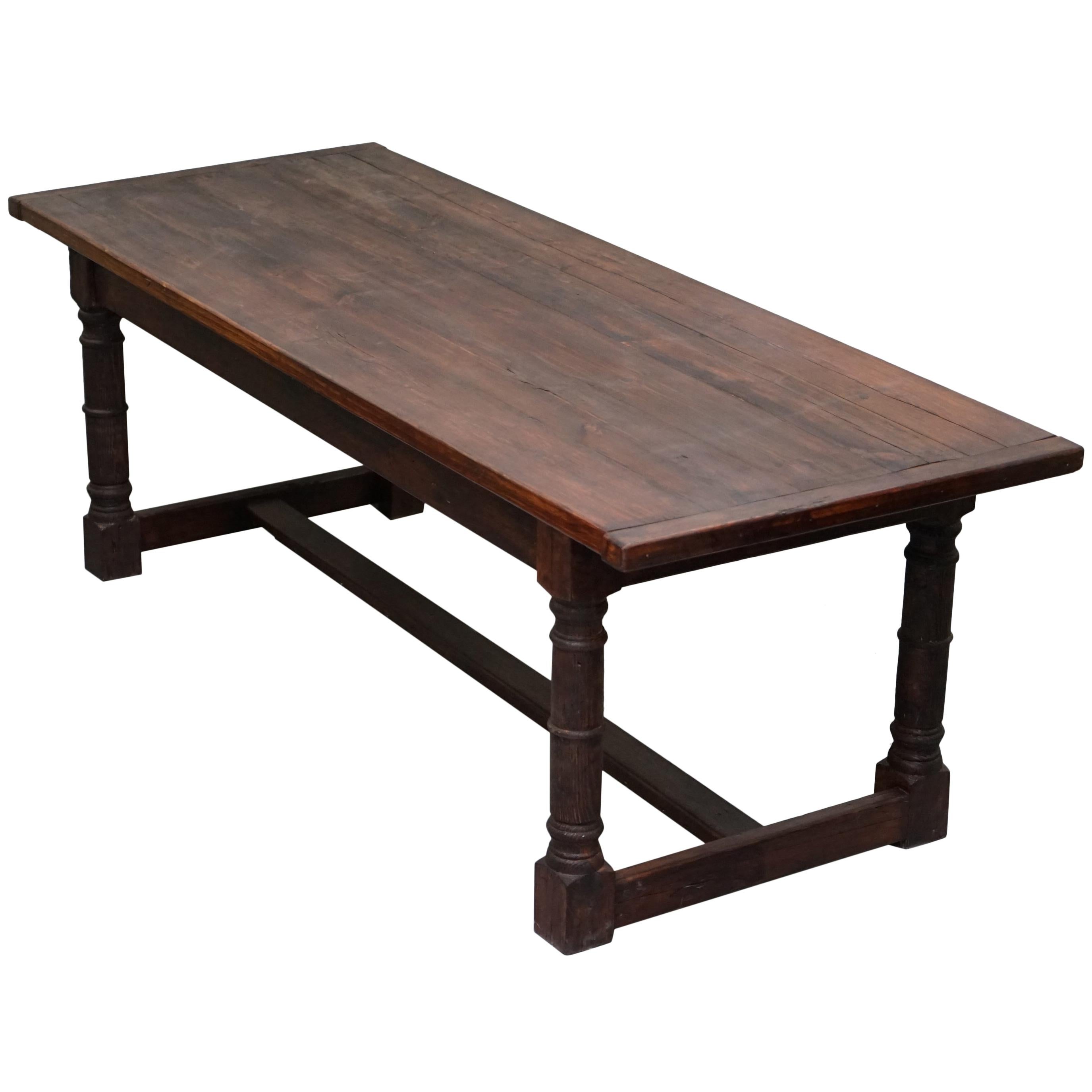 Vintage Timber Planked Top English Farmhouse Refectory Dining Table Seats 8-10