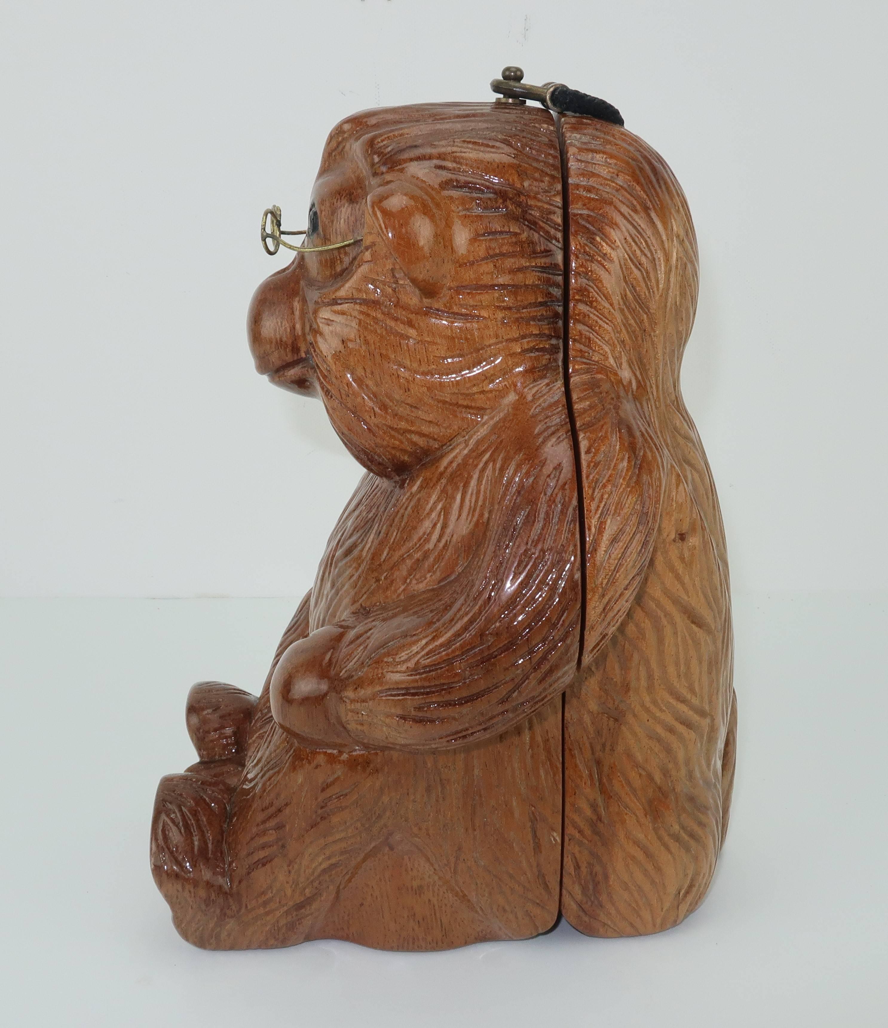 Brown Vintage Timmy Woods Monkey Carved Wood Handbag