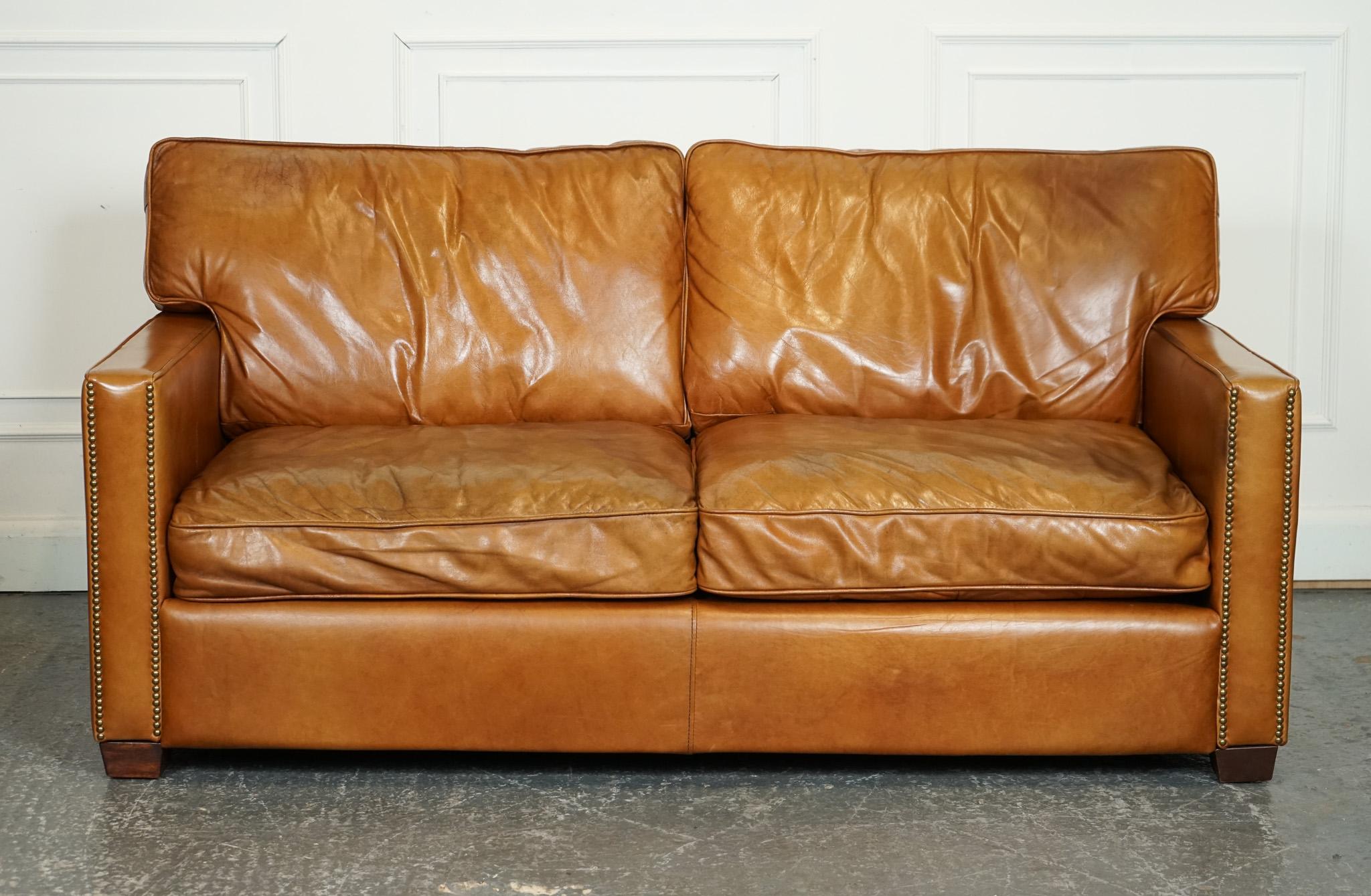 British VINTAGE TIMOTHY OULTON ViSCOUNT TAN LEATHER 2 TO 3 SEATER SOFA
