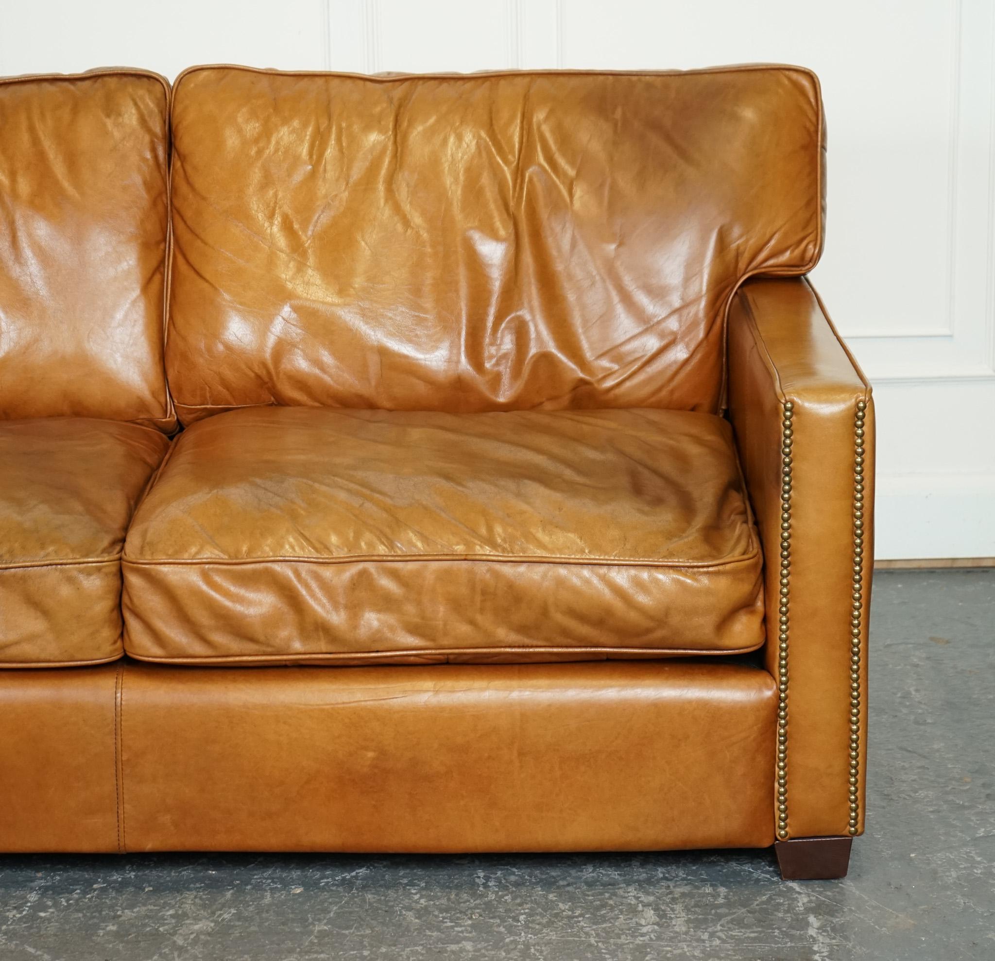 VINTAGE TIMOTHY OULTON ViSCOUNT TAN LEATHER 2 TO 3 SEATER SOFA In Good Condition In Pulborough, GB