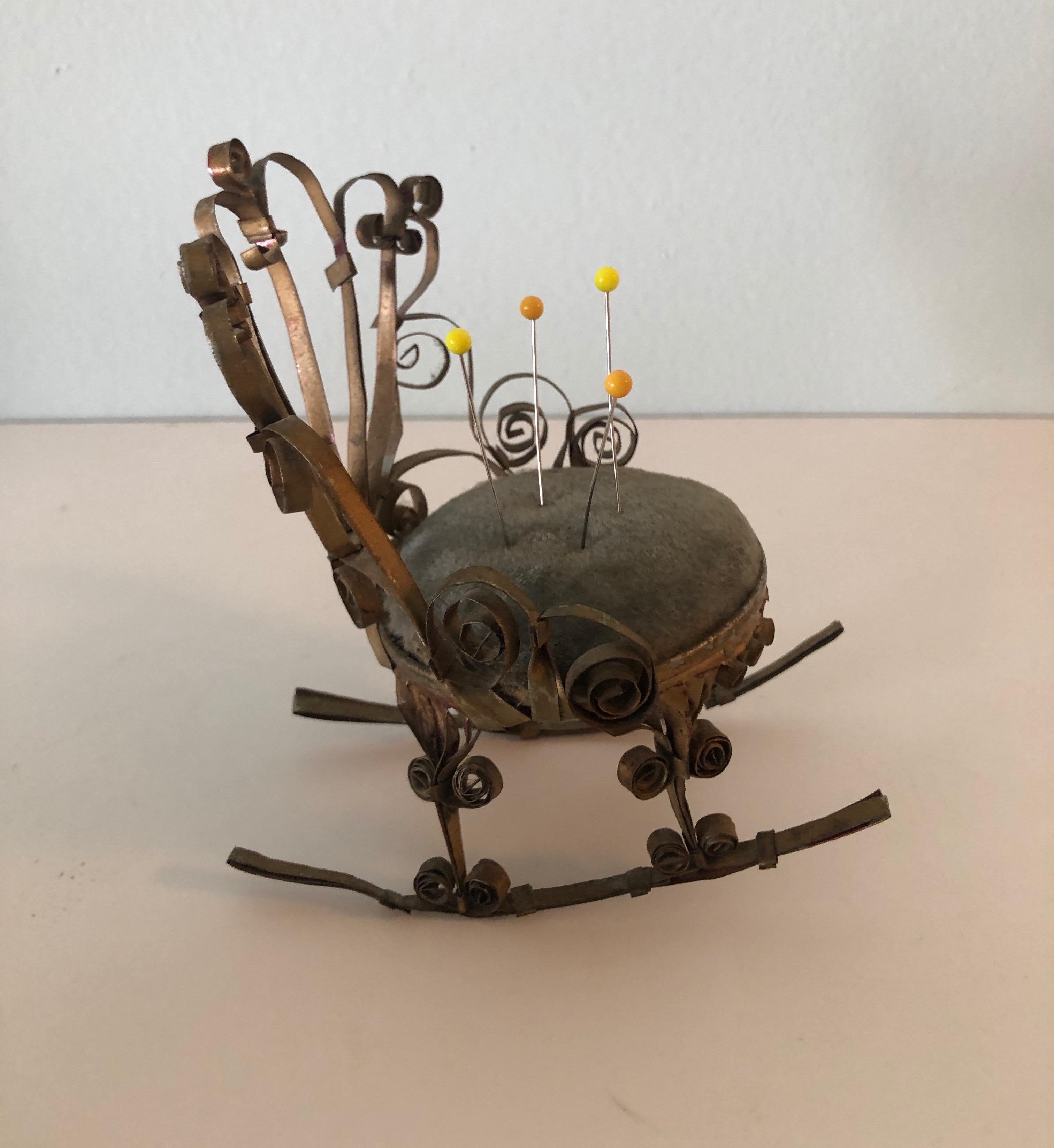 Victorian Vintage Tin and Velvet Miniature Pins Cushion Rocking Chair