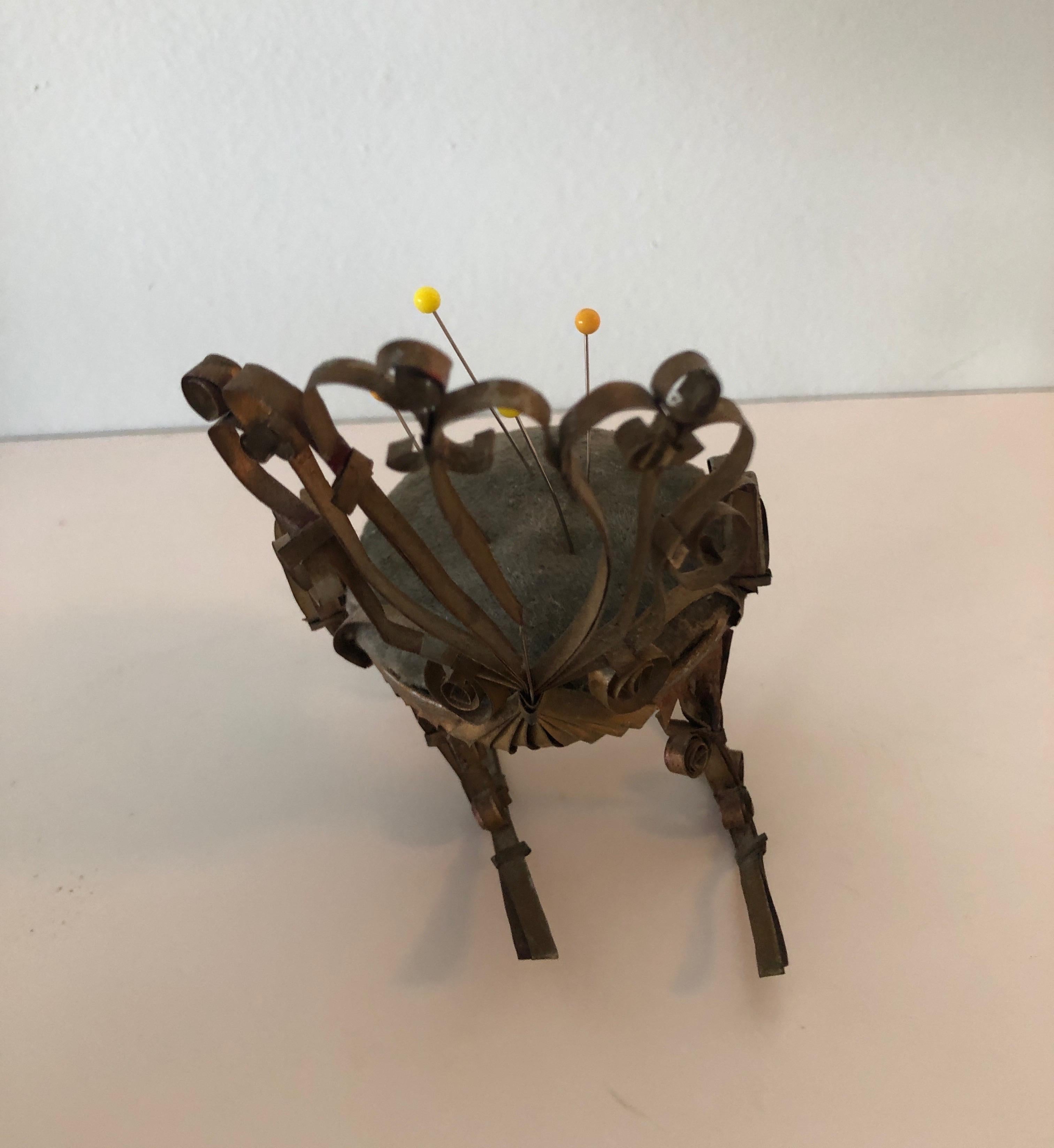 European Vintage Tin and Velvet Miniature Pins Cushion Rocking Chair