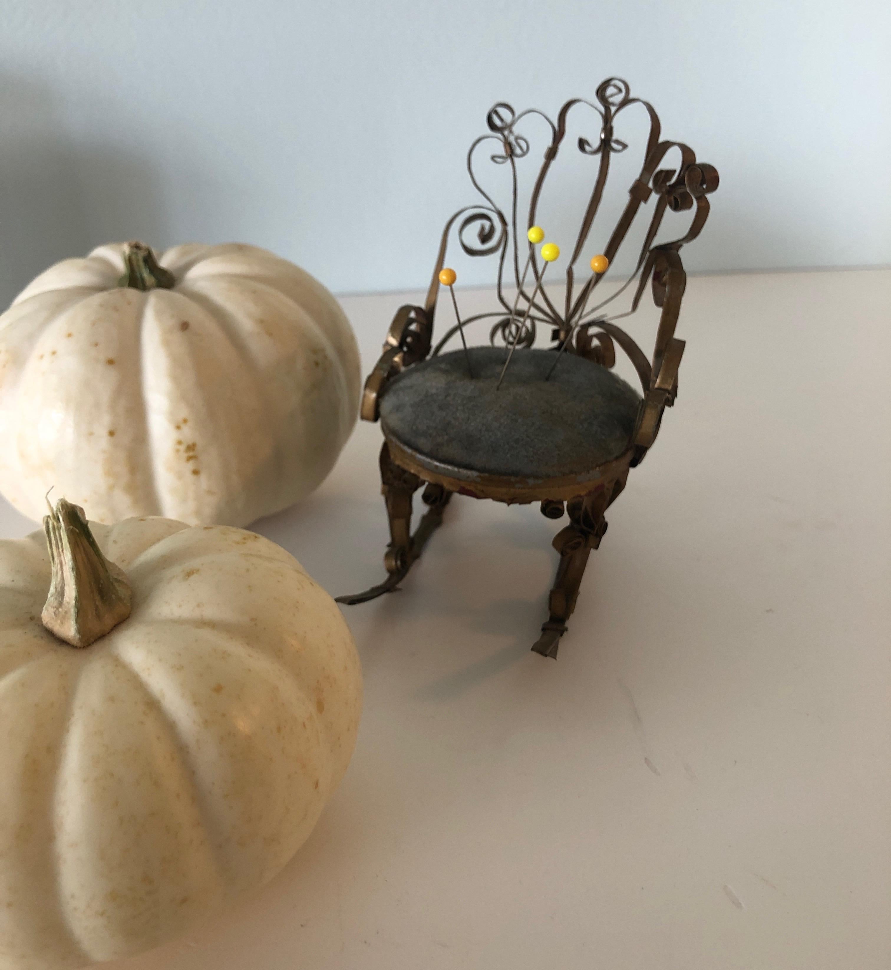Hand-Crafted Vintage Tin and Velvet Miniature Pins Cushion Rocking Chair