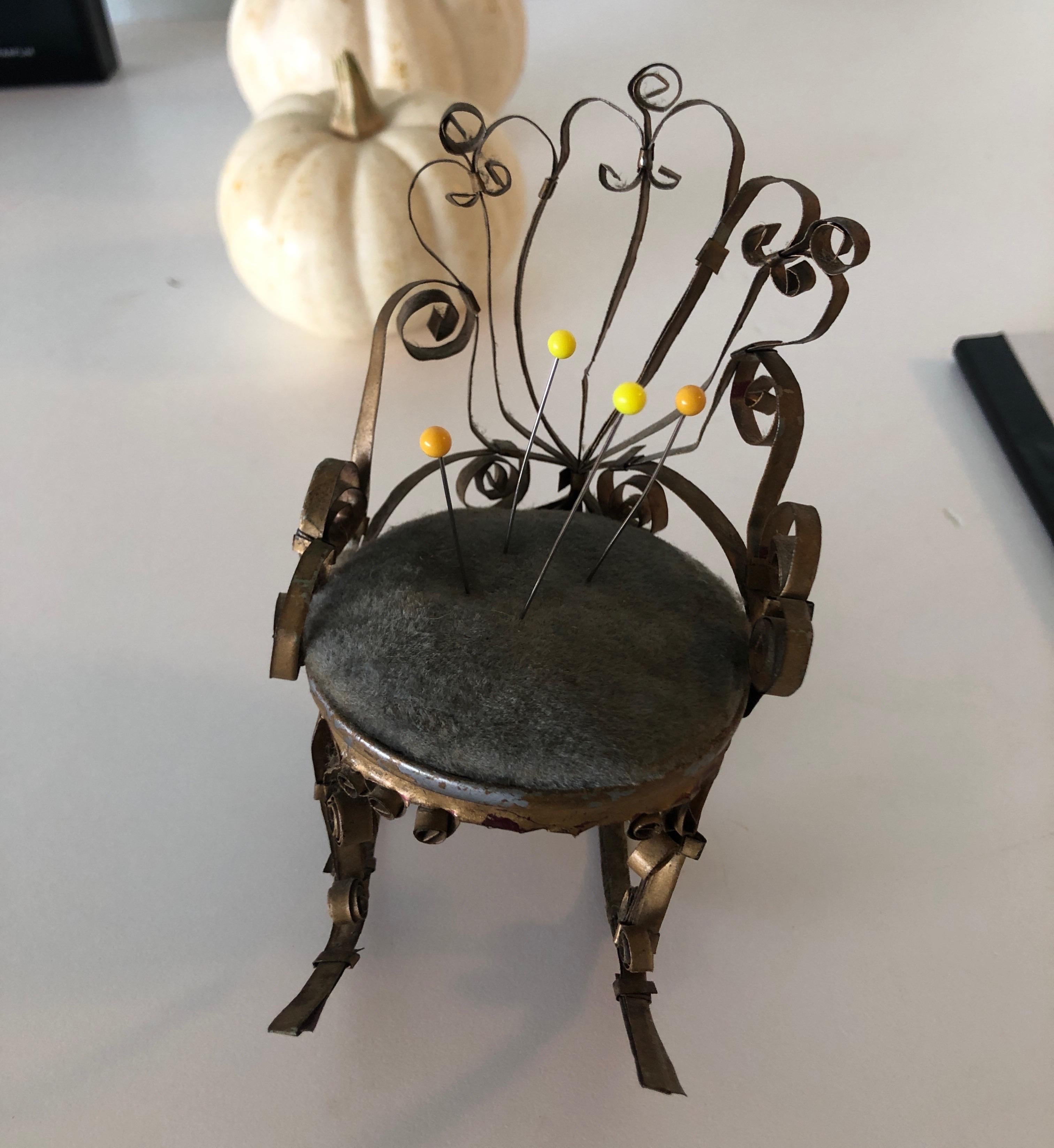 Late 20th Century Vintage Tin and Velvet Miniature Pins Cushion Rocking Chair